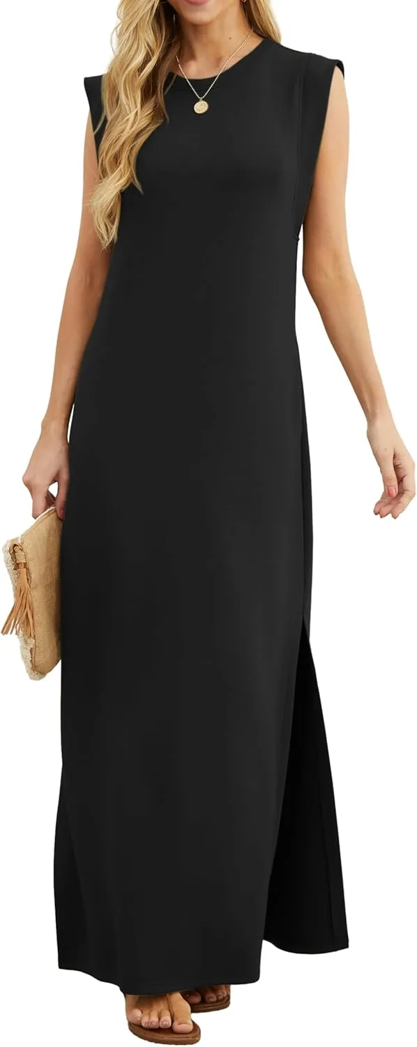 GRECERELLE Women's Summer Maxi Dress Casual Shirt Dresses Elegant Styles Sleeveless Maxi Dresses for Women with Slit an…