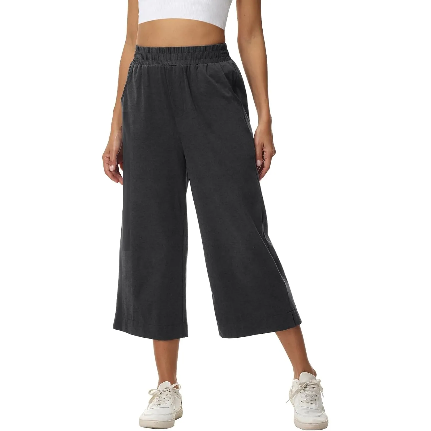 HMIYA Damen 3/4 Baumwolle Culotte Hose Leicht Sommerhose Mit Taschen Luftig