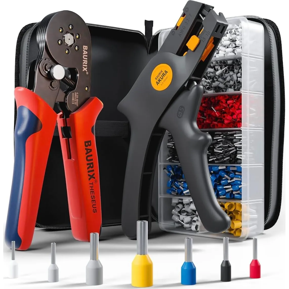 BAURIX® Crimpzange & Abisolierzange mit 2000 Aderendhülsen Set – Sechskant Crimpwerkzeug 0,25–6 mm² – Für zuverlässige …