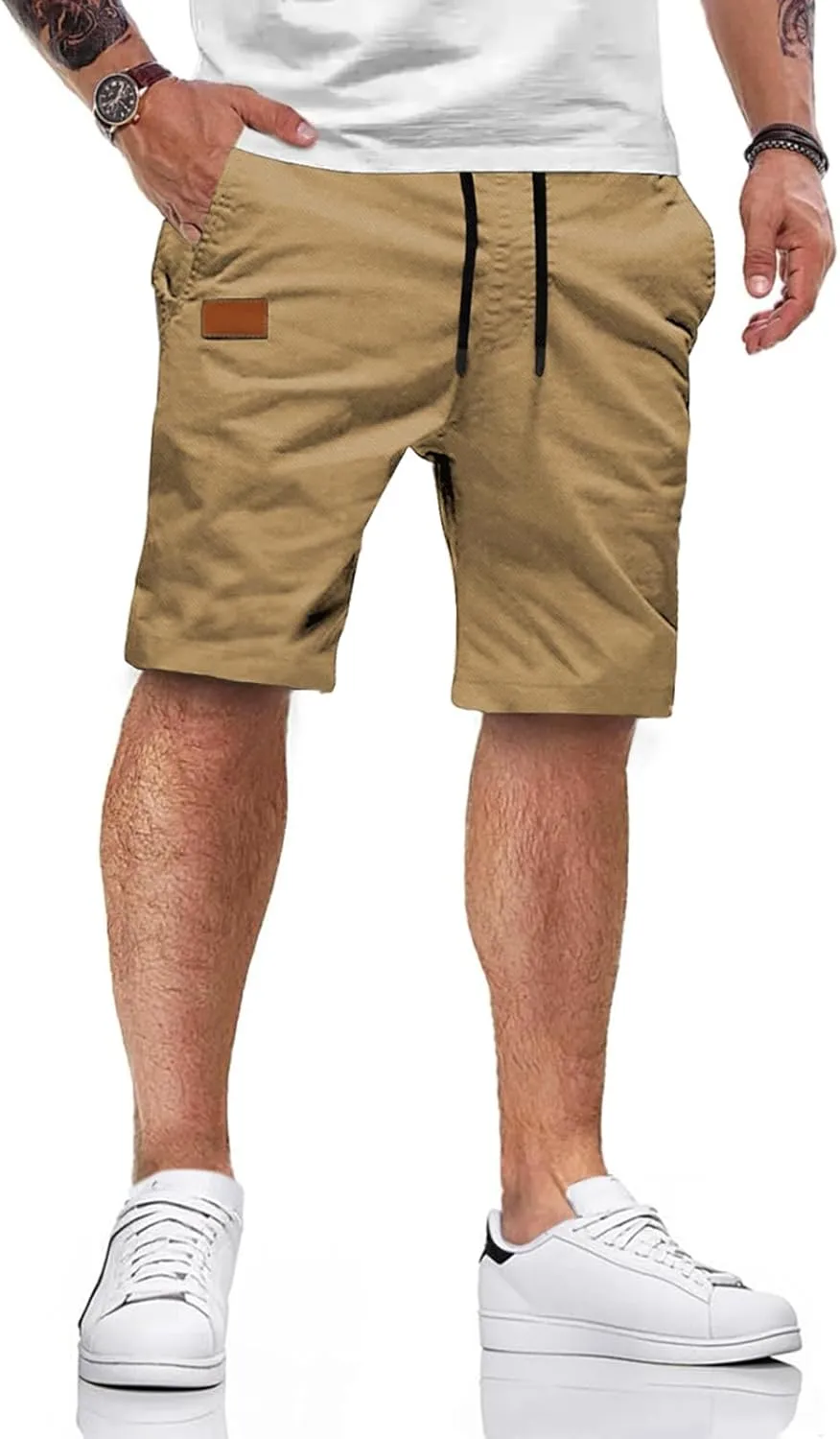 HMIYA Men's Cotton Chino Shorts Summer Casual Shorts Elastic Waist with Pockets