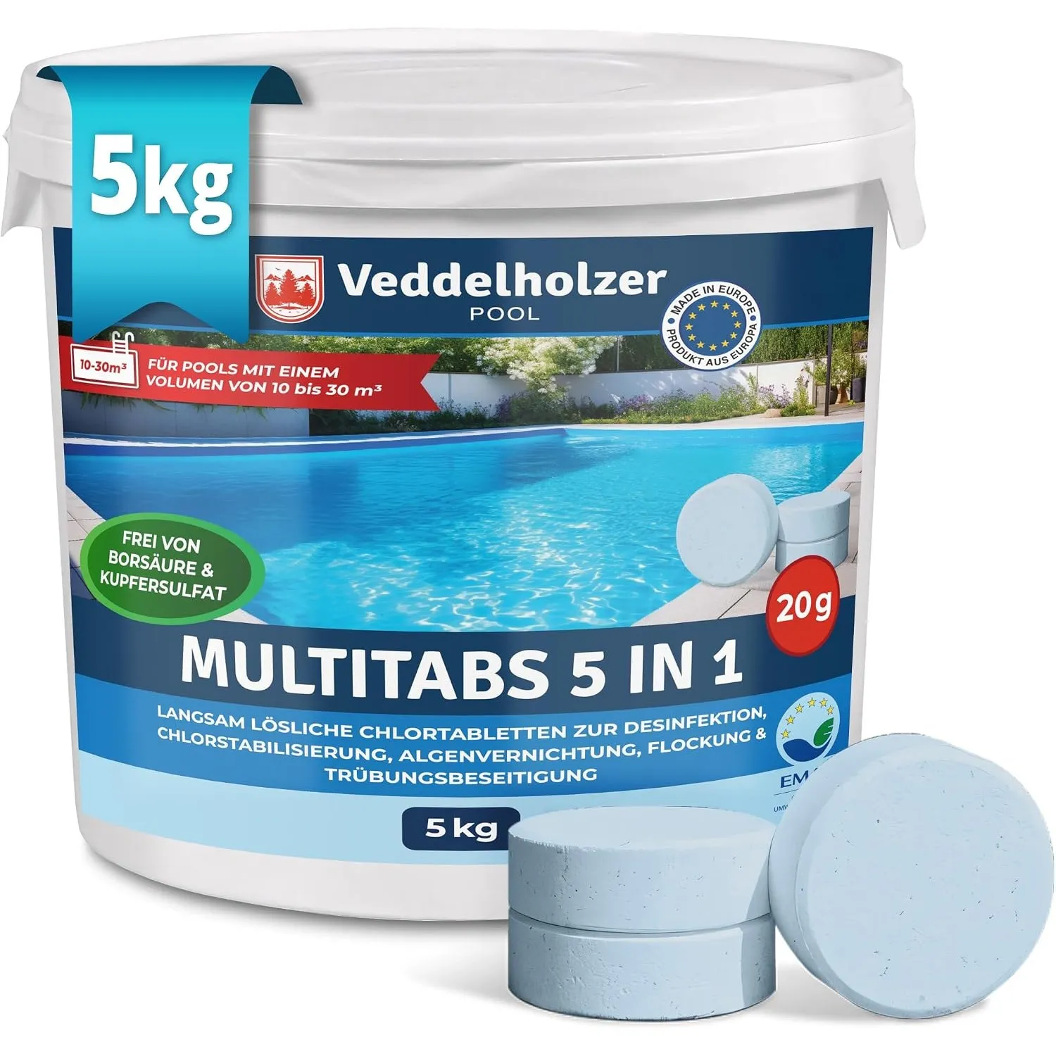 Veddelholzer 5 kg Multitabs 5 in 1 Chlortabletten für Pool als 20g Tabletten für Pools von 10 m³ bis 30 m³Pool Zubehör …