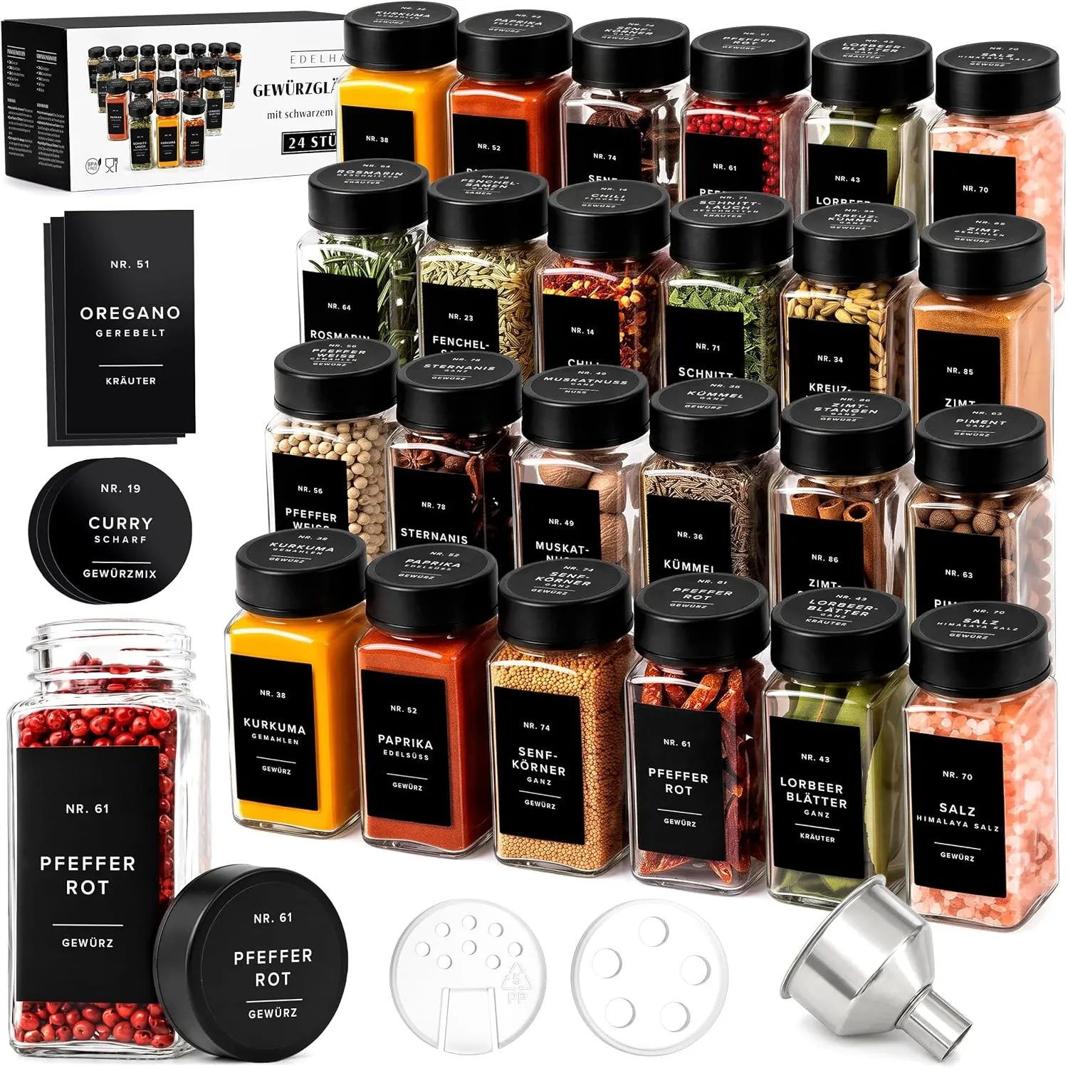 EDELHAUS Gewürzgläser Eckig Set mit Deckel (24 x 120ml) - Gewürzstreuer