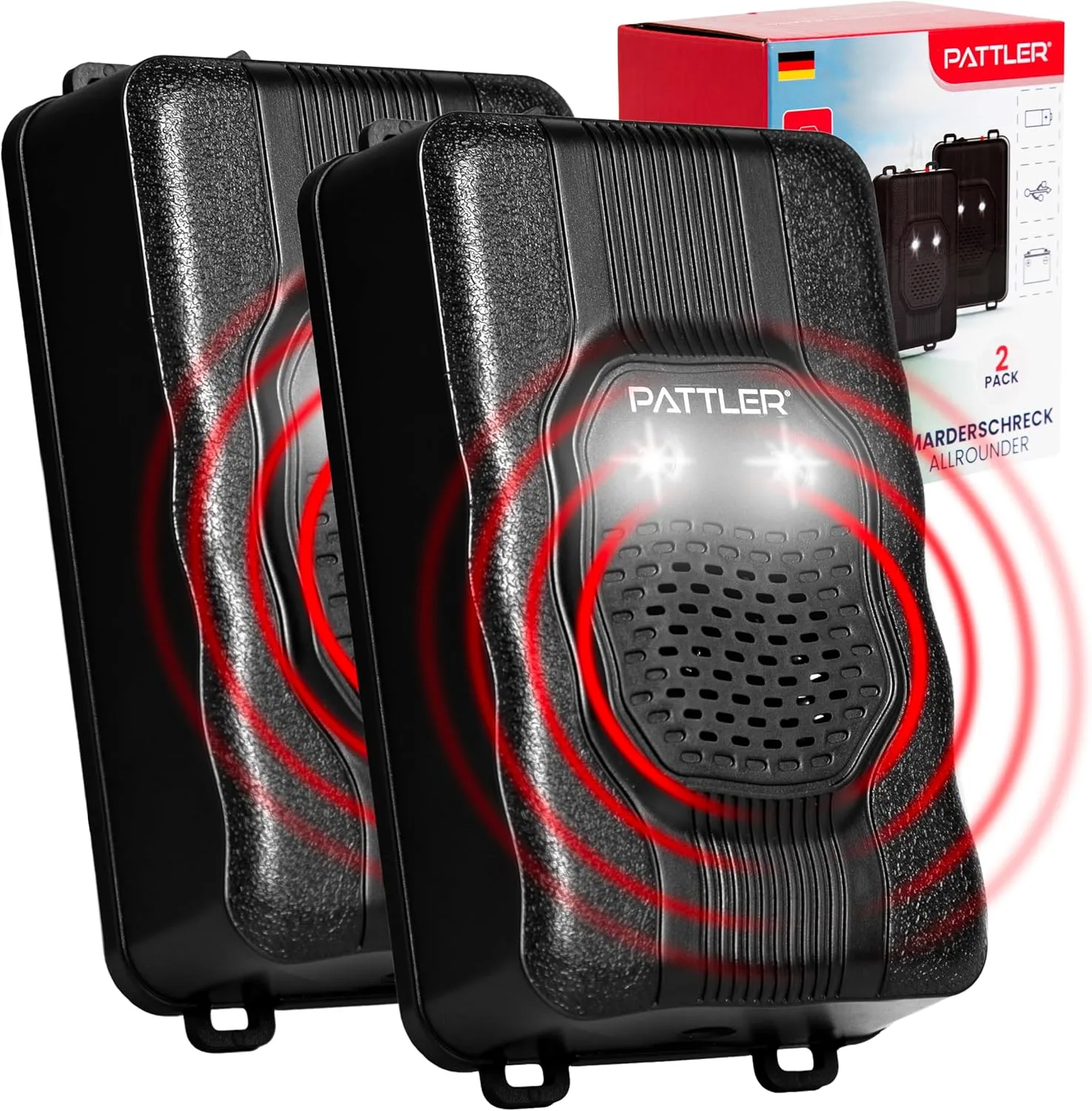 PATTLER® Marderschreck Auto mit Blitzlicht - Marderabwehr mit Flexible Stromversorgung - 12V Autobatterie, AA-Batterie …