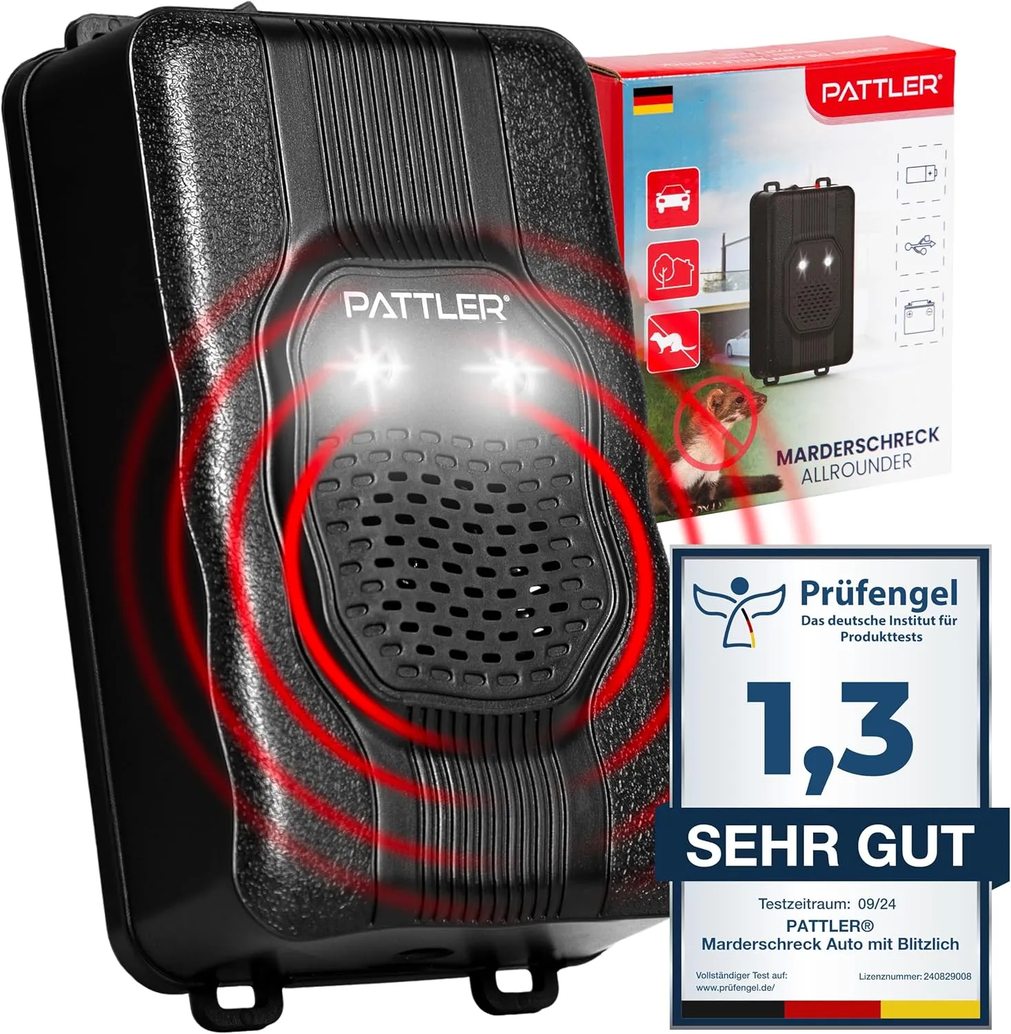 PATTLER® Marderschreck Auto mit Blitzlicht - Marderabwehr mit Flexible Stromversorgung - 12V Autobatterie, AA-Batterie …