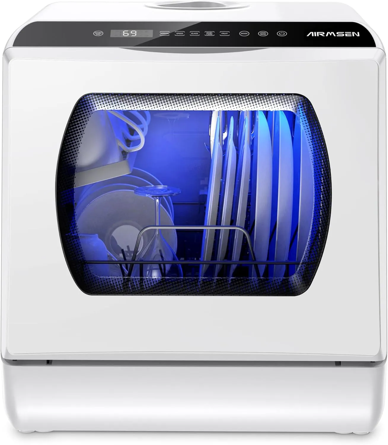 AIRMSEN Mini Dishwasher Table Dishwasher with 5+1 Programmes, 5L Water Tank, 2-Way Water Supply, Touch Control & LED Di…