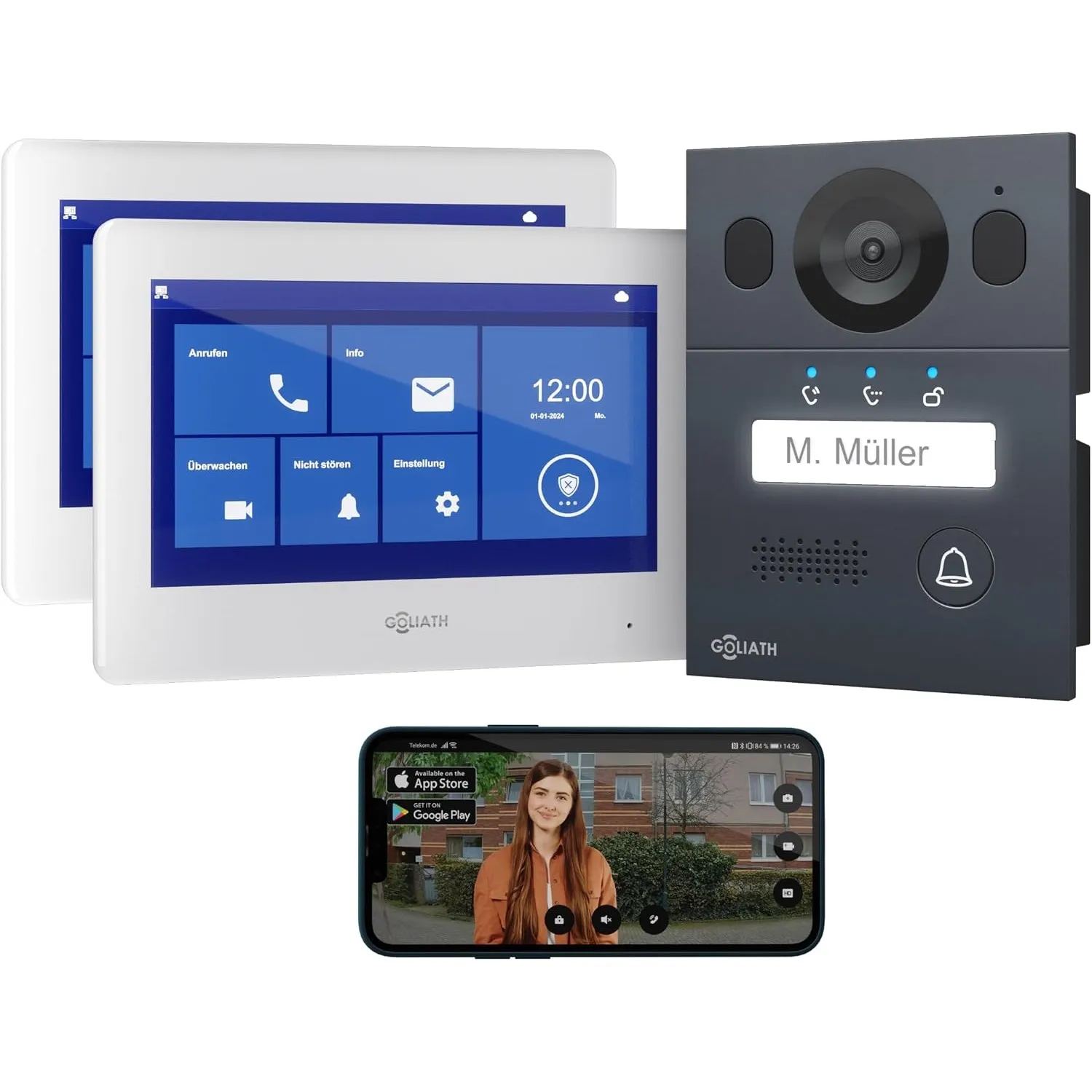 Goliath Basic Video Türsprechanlage, 2 Draht Bus, 2X 7 Zoll Monitor, Unterputz Türklingel mit Kamera, Gegensprechanlage…