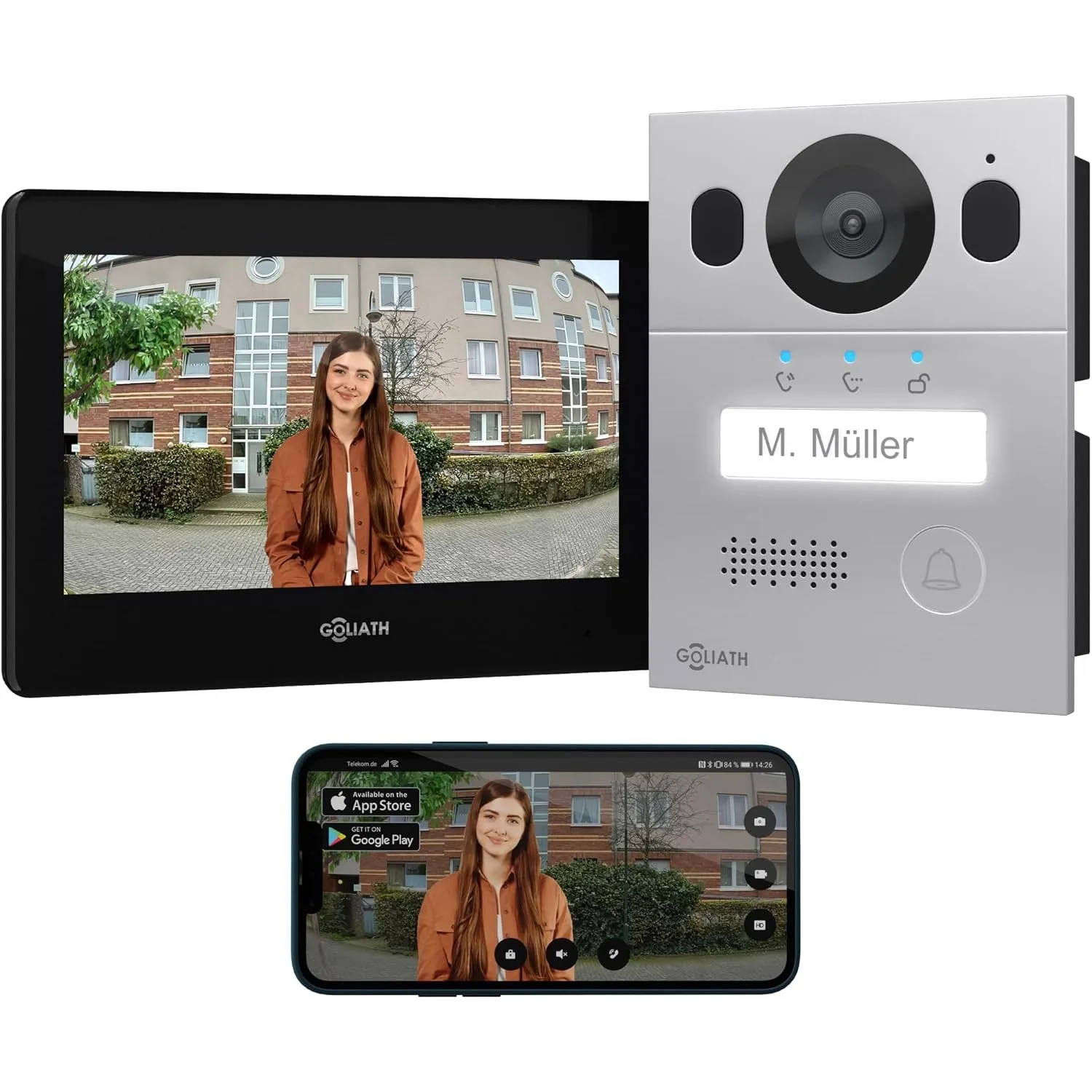 Goliath Basic Video Türsprechanlage, 2 Draht Bus, 7'' Monitor, Aufputz Türklingel mit Kamera, Gegensprechanlage mit Tür…