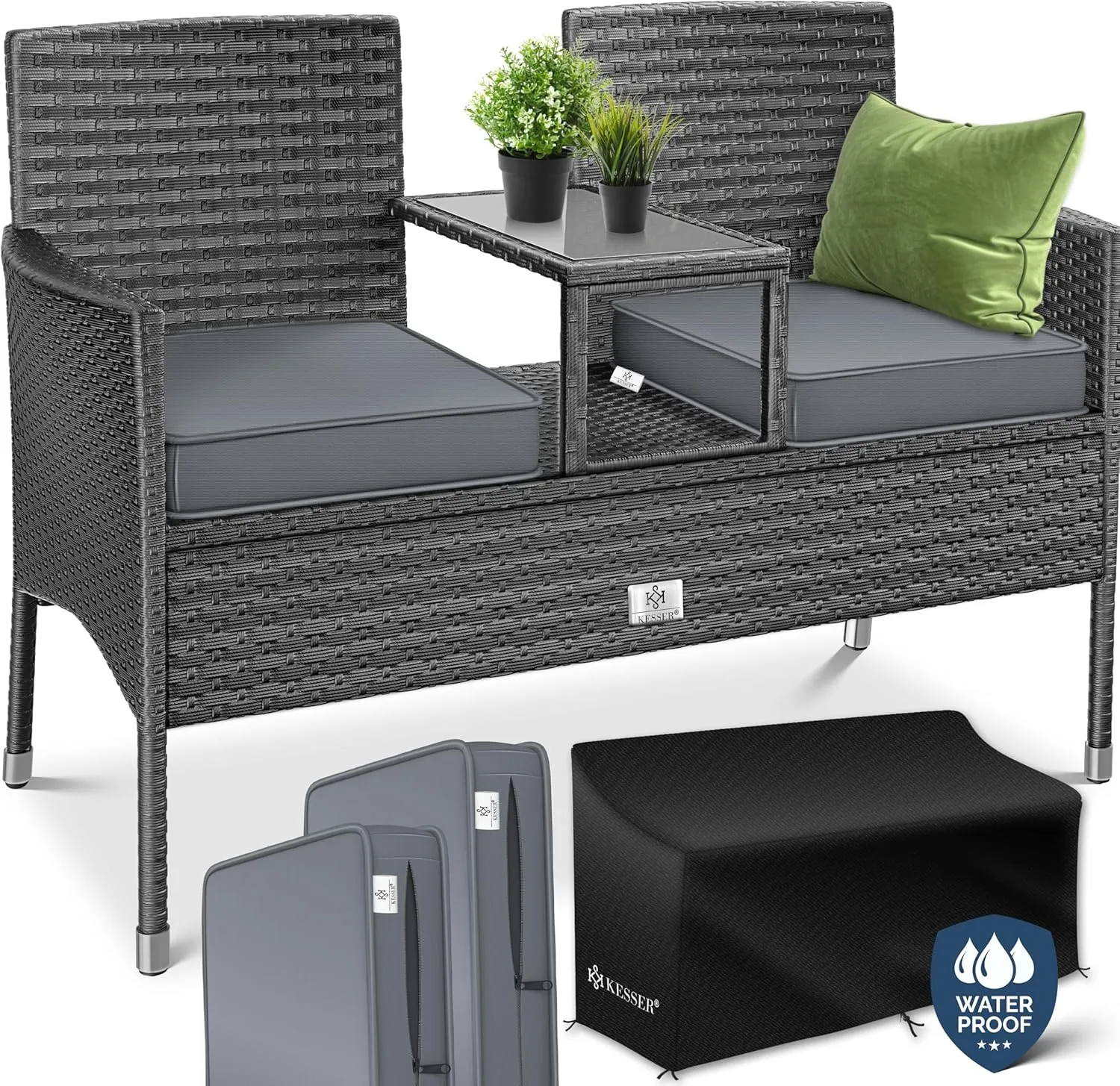 KESSER® Polyrattan Gartenbank mit Tisch, 2 Sitzer, 143x63x88cm Gartenbank wetterfest, Sitzbank Outdoor, Balkonbank mit …