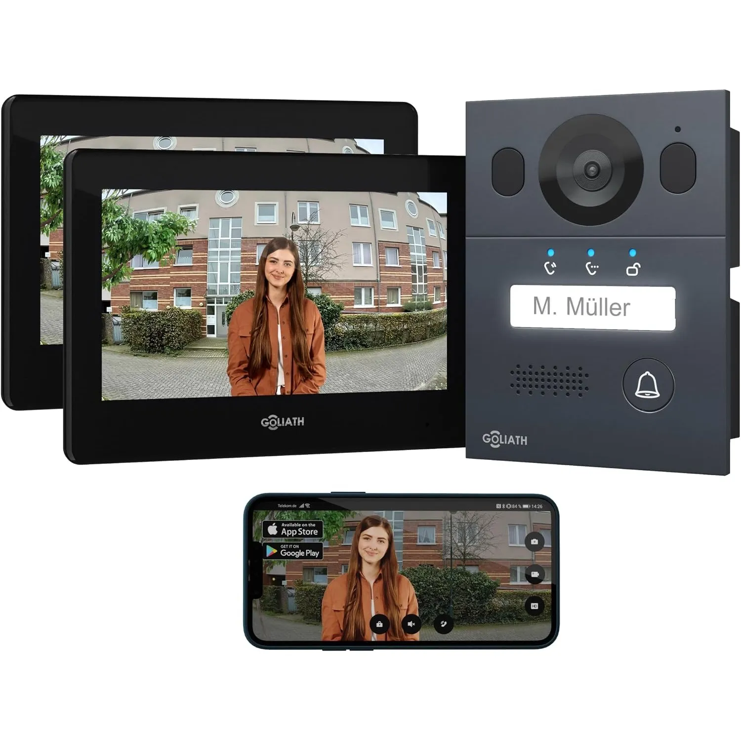 Goliath Basic Video Türsprechanlage, 2 Draht Bus, 2X 7 Zoll Monitor, Unterputz Türklingel mit Kamera, Gegensprechanlage…