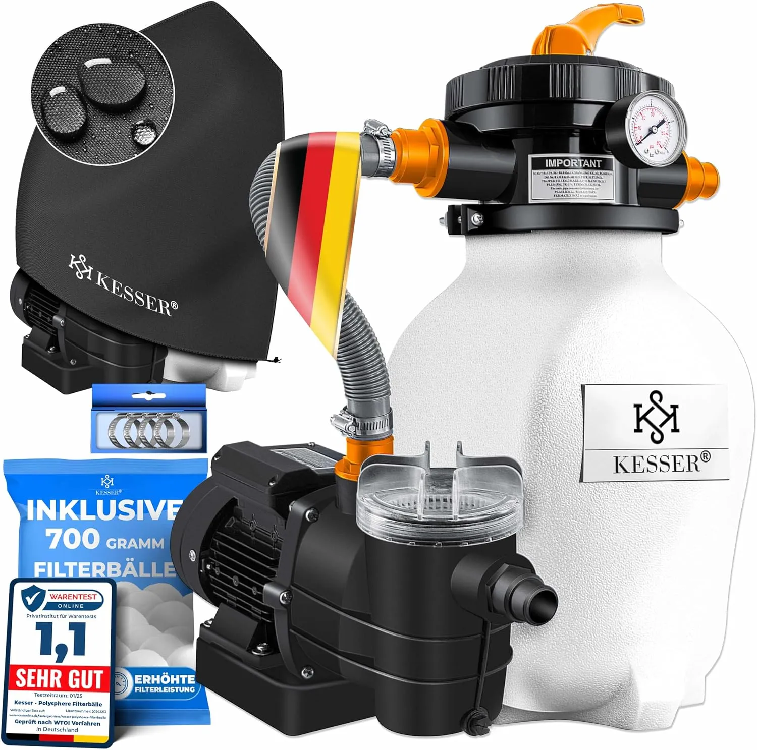 KESSER® Sandfilteranlage Sandfilter+700g Filterbälle ersetzen 25kg Filtersand 7-Wege Ventil mit Druckanzeige Poolfilter 10 m³/h Filteranlage Filterkessel für Pool 10.200 L/h, Inkl. Wettercover, Orange