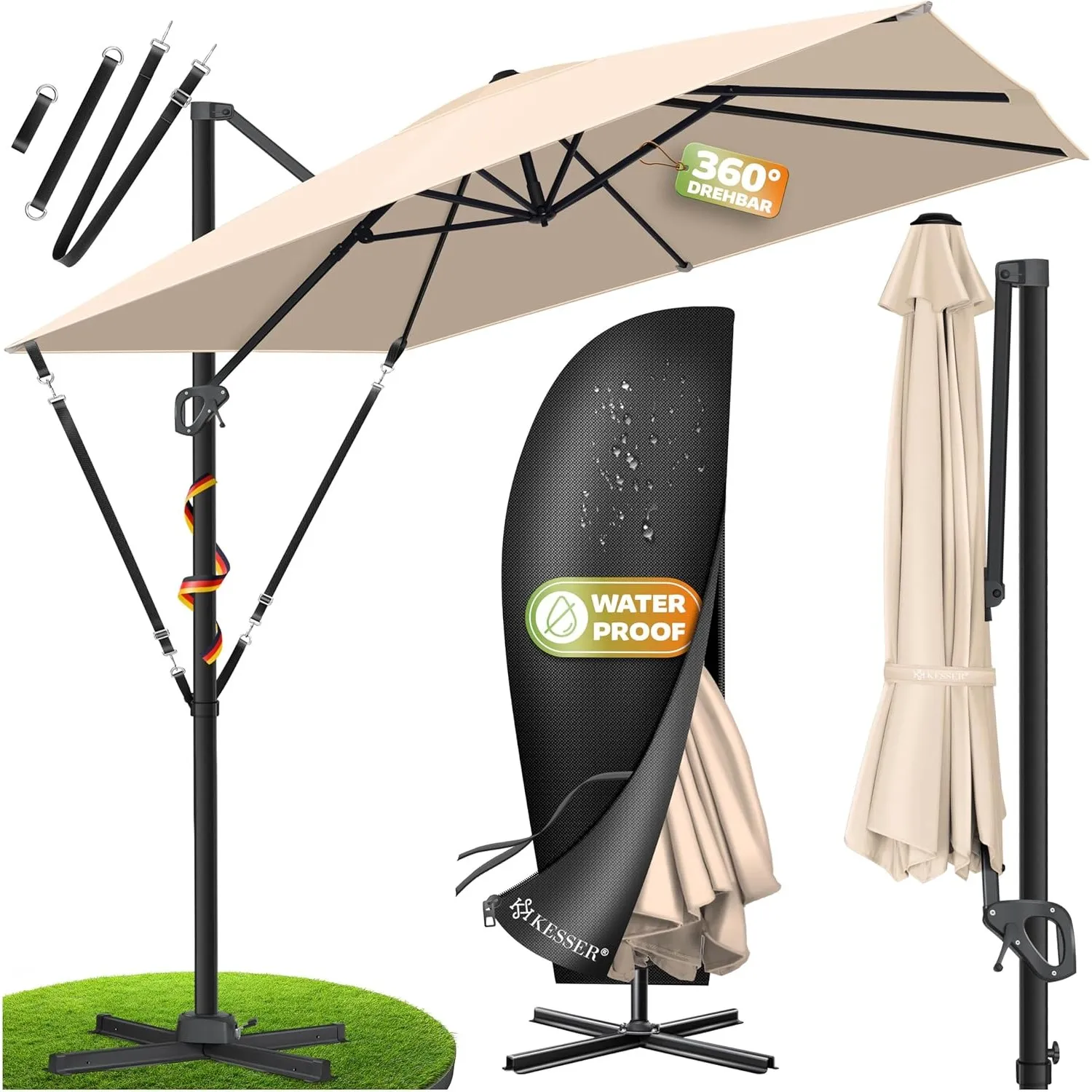 KESSER® Sonnenschirm Ampelschirm SUN XL 300 x 300 cm Inkl. Abdeckung + Windsicherung Drehbar Neigbar Kippbar Marktschir…