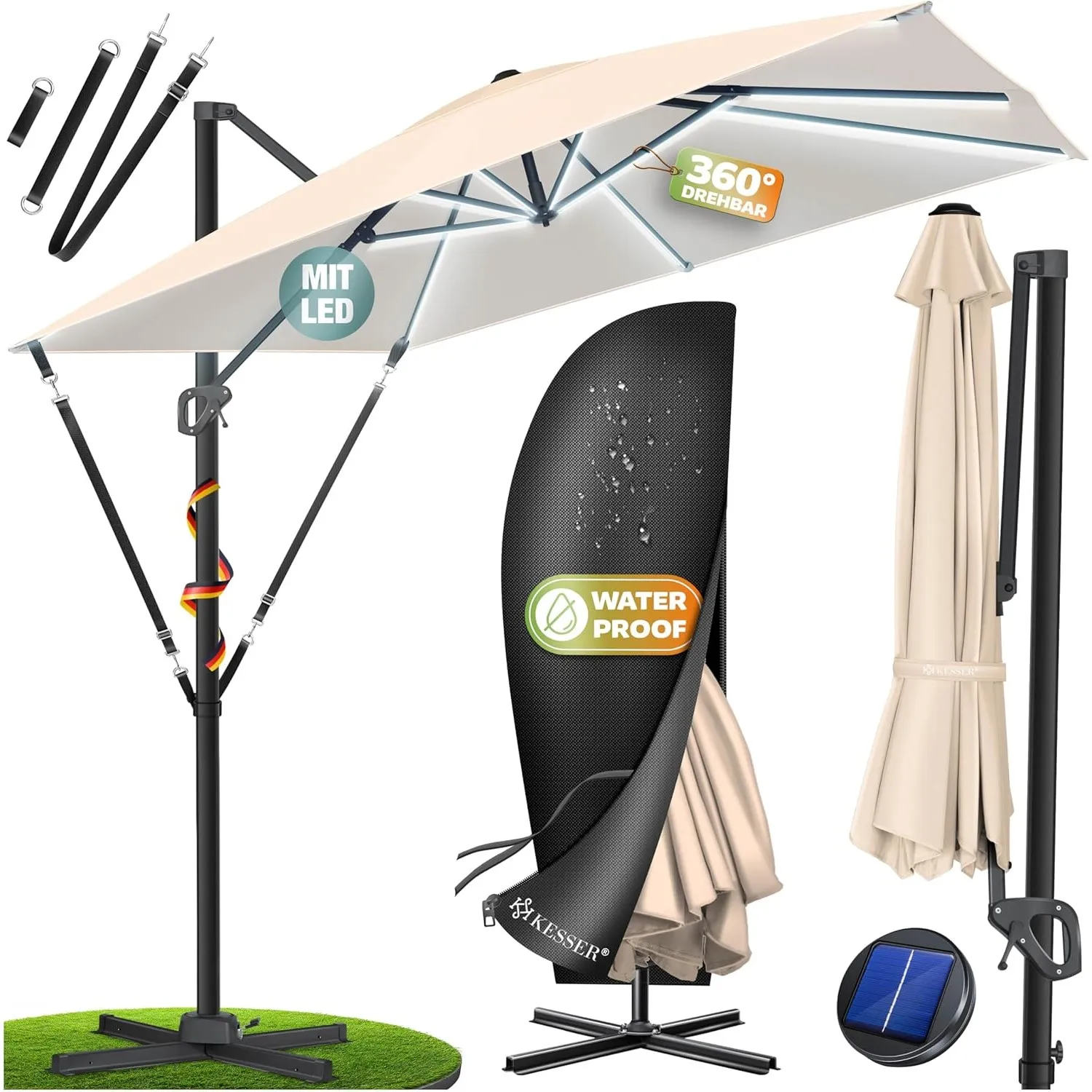 KESSER® Sonnenschirm Ampelschirm SUN XL 300 x 300 cm Inkl. Abdeckung + Windsicherung Drehbar Neigbar Kippbar Marktschir…