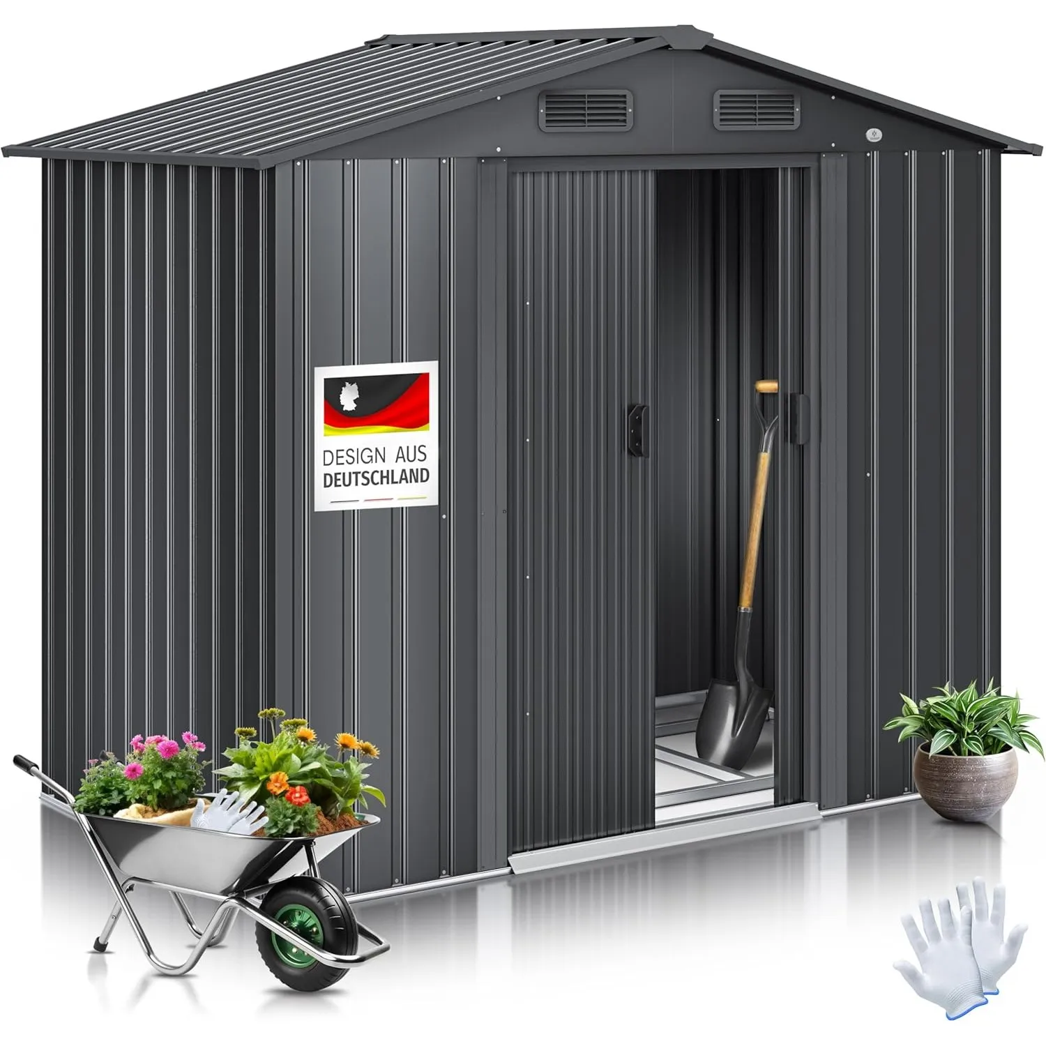 KESSER® XL Metall Gerätehaus 4,2m³ mit Fundament | Inkl. Arbeitshandschuhe | 195x131x186cm | 2X Schiebetür & Fundament …