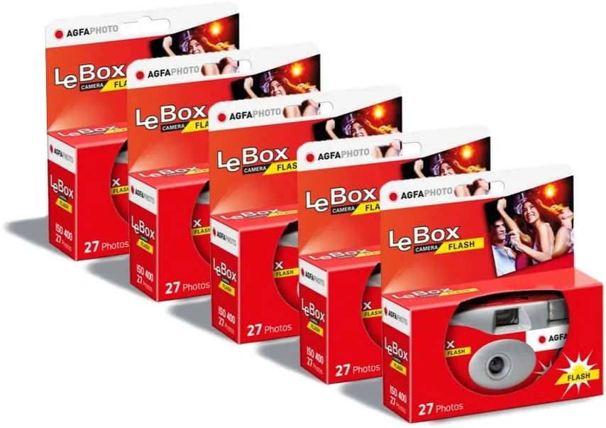 AGFA Photo 601020 LeBox Flash, Einwegkamera, 27 Fotos, optisches Objektiv 31 mm, Grau und Rot, 5er