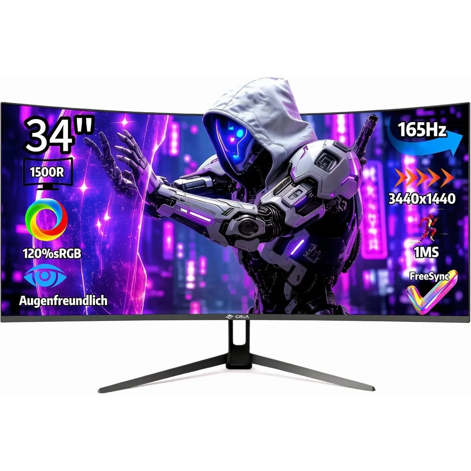 CRUA 34" Curved Gaming-Monitor, 165 Hz, WQHD 3440 x 1440 UltraWide, 21:9 VA-Panel, 1500R, 120% sRGB, AMD FreeSync, Wand…