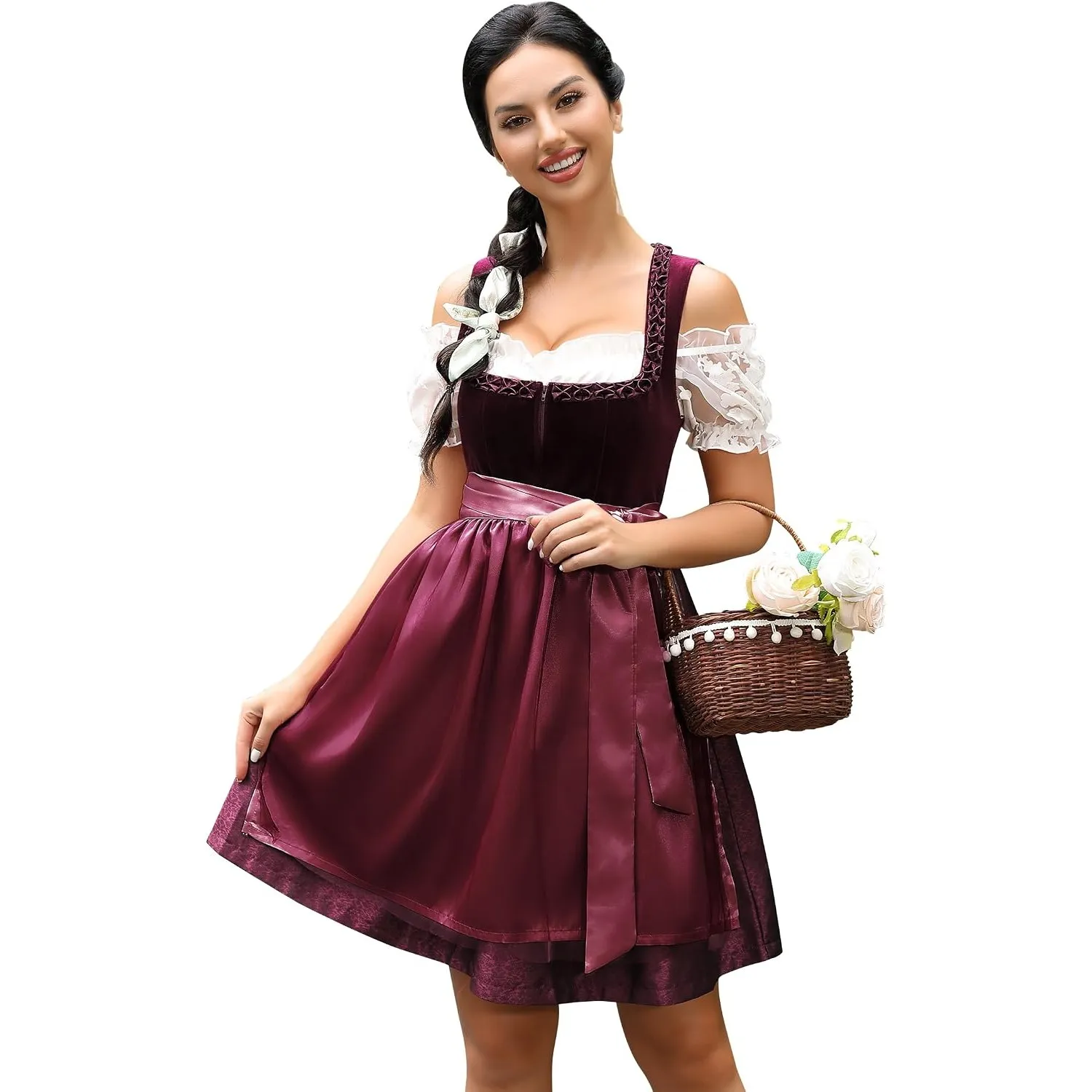 KOJOOIN Dirndl Damen Kurz 3tlg. Midi Trachtenkleid Samt Trachtenmode Kleid Set für Oktoberfest Besondere Anlässe inkl. …