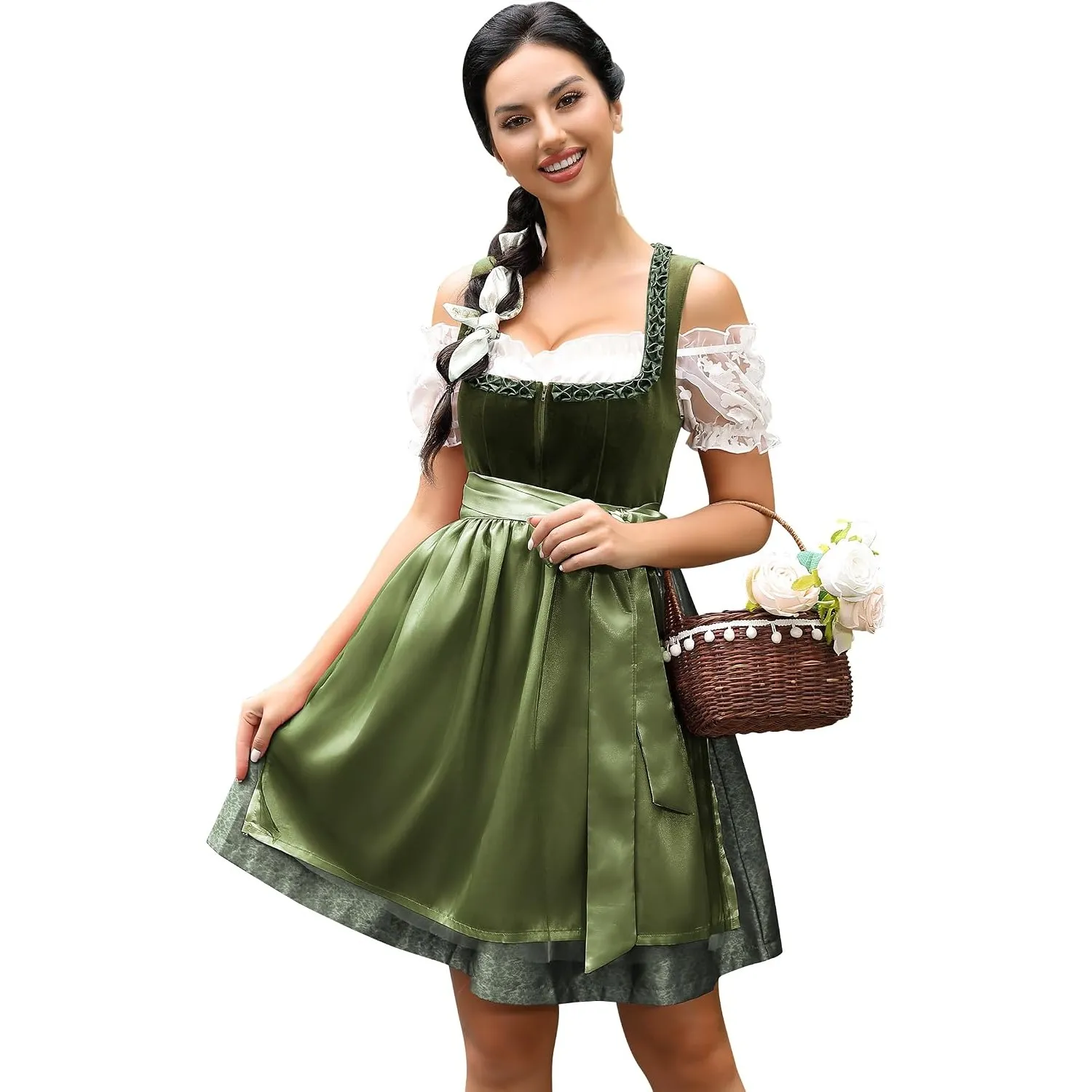 KOJOOIN Dirndl Damen Kurz 3tlg. Midi Trachtenkleid Samt Trachtenmode Kleid Set für Oktoberfest Besondere Anlässe inkl. …
