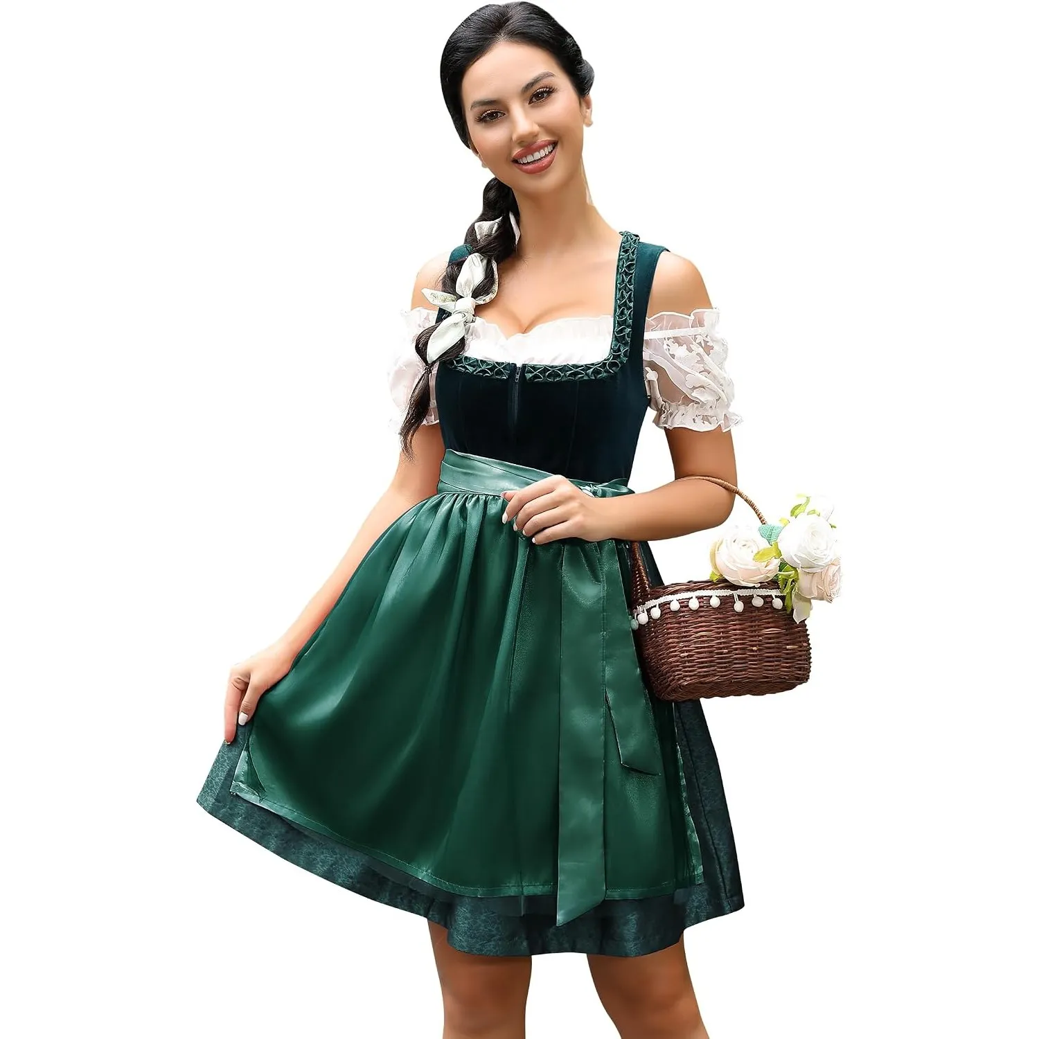 KOJOOIN Dirndl Damen Kurz 3tlg. Midi Trachtenkleid Samt Trachtenmode Kleid Set für Oktoberfest Besondere Anlässe inkl. …