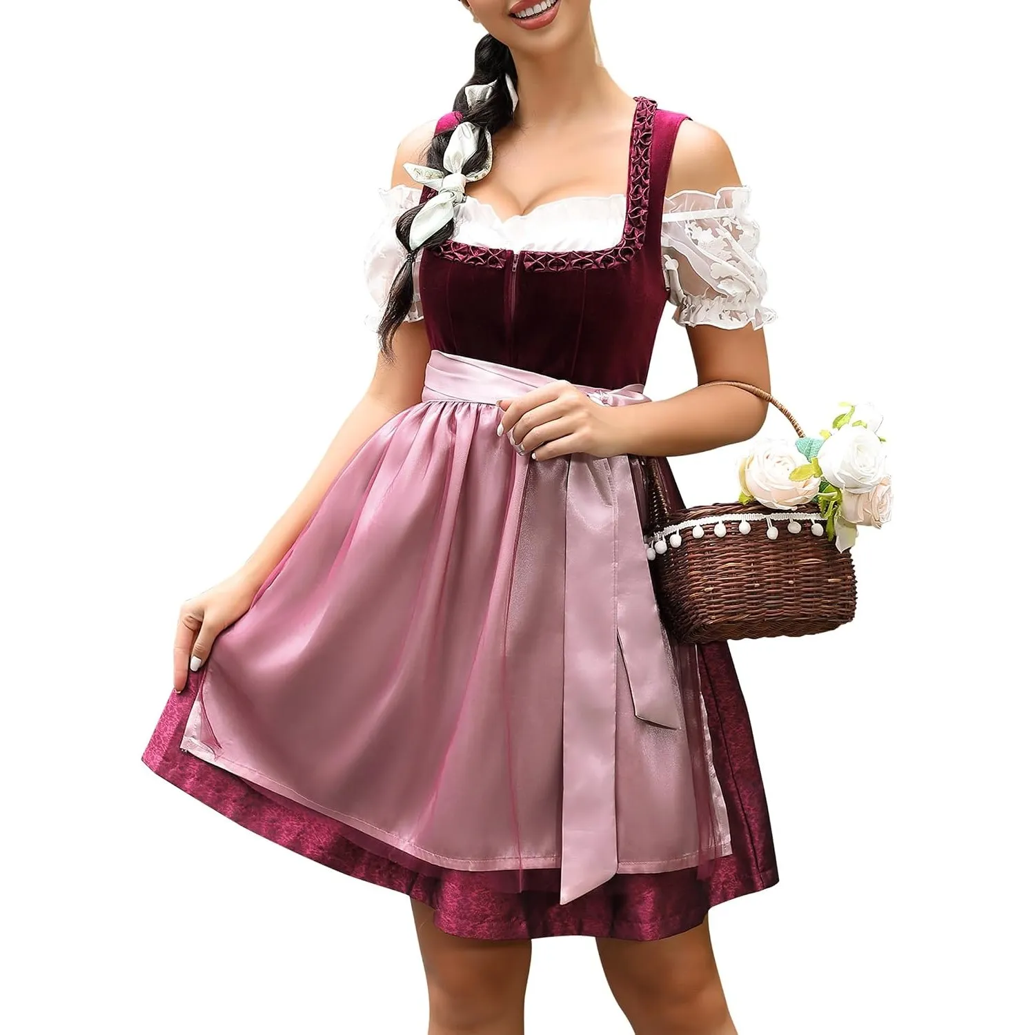 KOJOOIN Dirndl Damen Kurz 3tlg. Midi Trachtenkleid Samt Trachtenmode Kleid Set für Oktoberfest Besondere Anlässe inkl. …