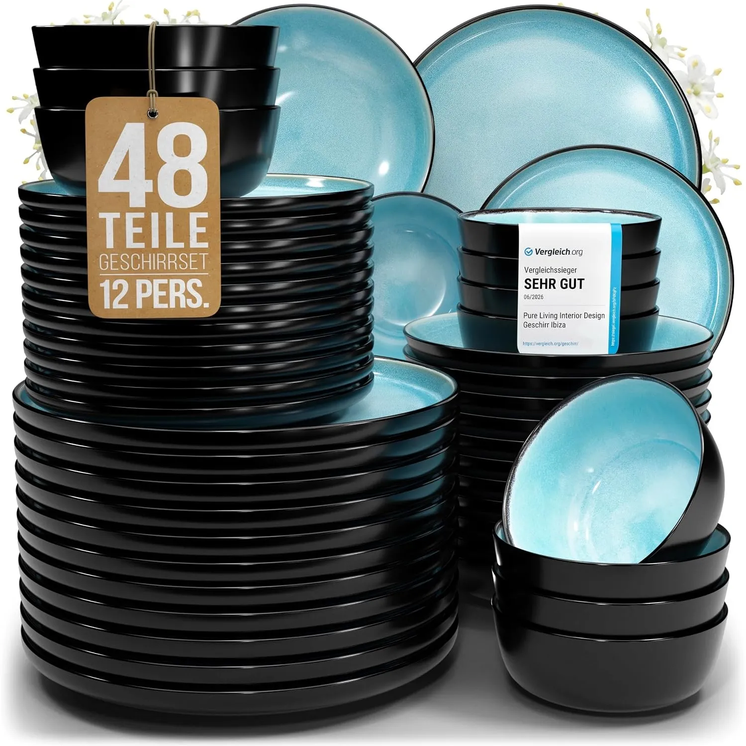 Steingut Geschirrset 12 Pers. Ibiza 48-tlg Hochwertiges Mediterranes Steingut Geschirr Set - Schüssel- und Teller Set -…