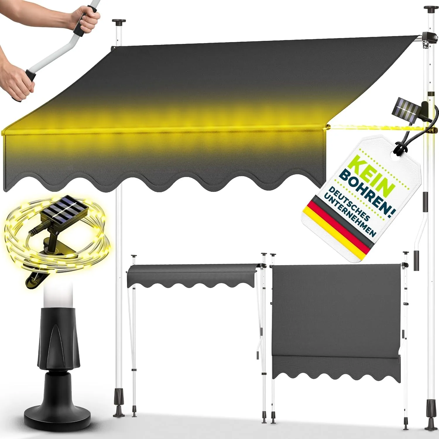 tillvex Klemmmarkise 250cm mit Handkurbel & LED Lichterkette Balkonmarkise | Markise Balkon UV-beständig, wasserdicht &…