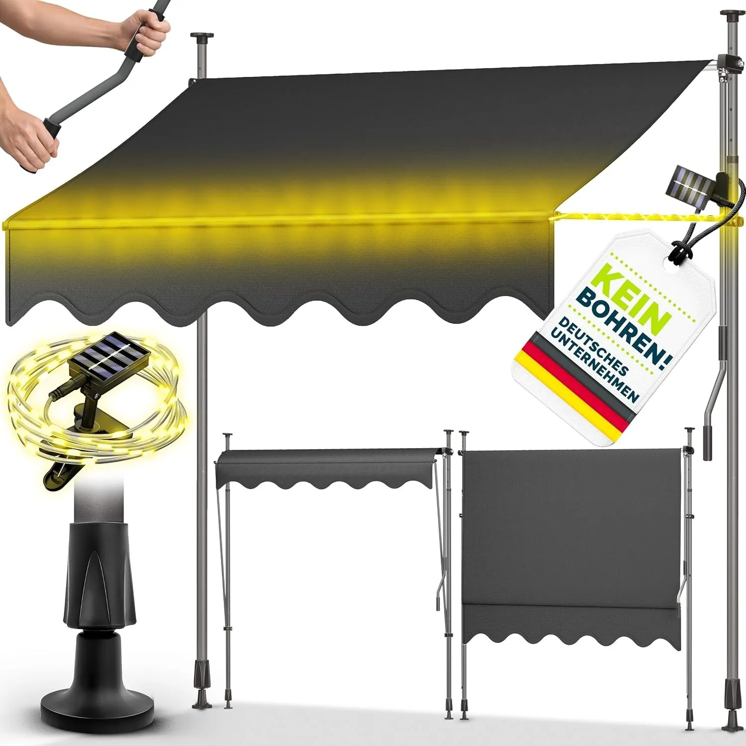 tillvex Klemmmarkise 300cm mit Handkurbel & LED Lichterkette Balkonmarkise | Markise Balkon UV-beständig, wasserdicht &…