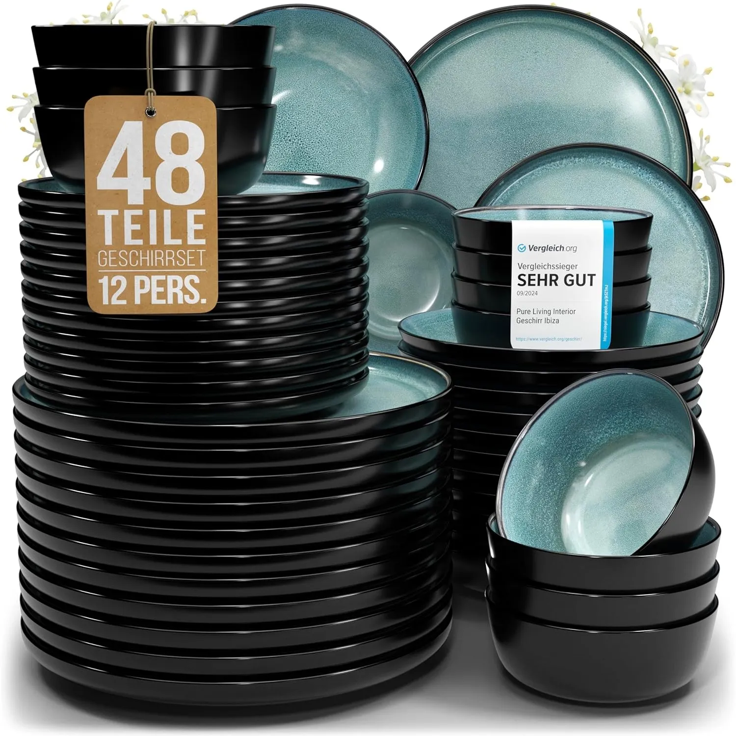 Steingut Geschirrset 12 Pers. Ibiza 48-tlg Hochwertiges Mediterranes Steingut Geschirr Set - Schüssel- und Teller Set -…