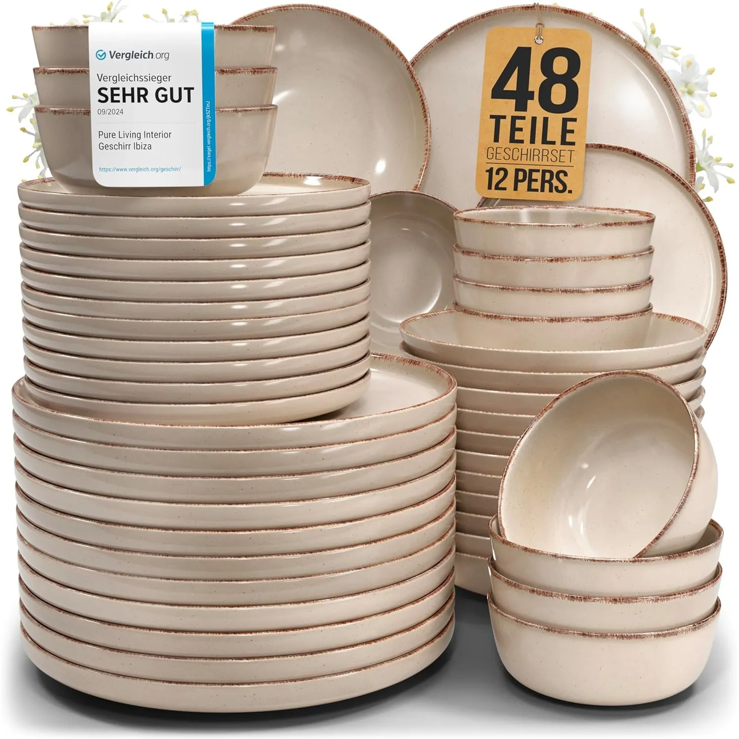 Steingut Geschirrset 12 Personen Rustic 48 tlg. TESTSIEGER, Hochwertiges Landhaussttil Steingut Geschirr Set, Schüssel-…
