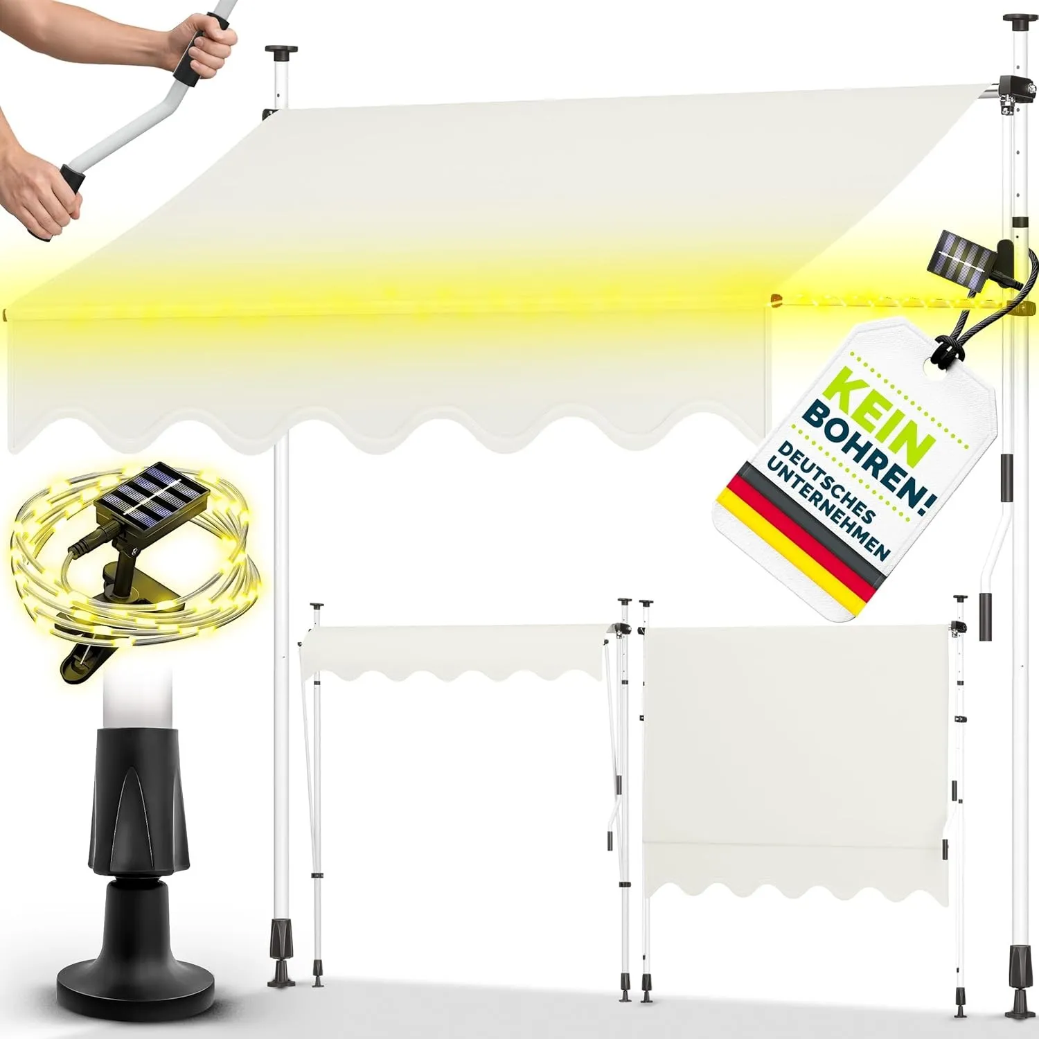 tillvex Klemmmarkise 300cm mit Handkurbel & LED Lichterkette Balkonmarkise | Markise Balkon UV-beständig, wasserdicht &…