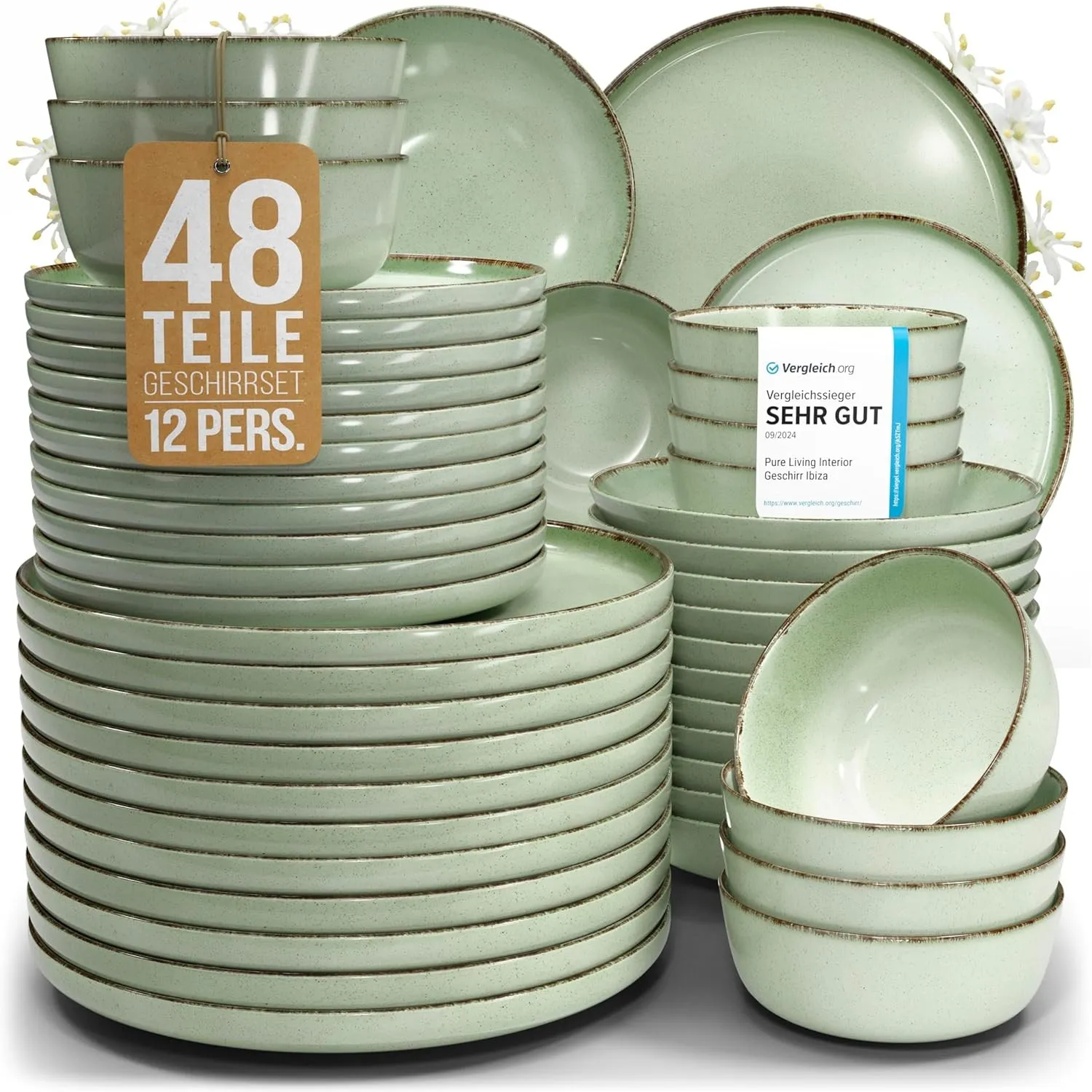 Steingut Geschirrset 12 Personen Rustic 48 tlg. TESTSIEGER, Hochwertiges Landhaussttil Steingut Geschirr Set, Schüssel-…