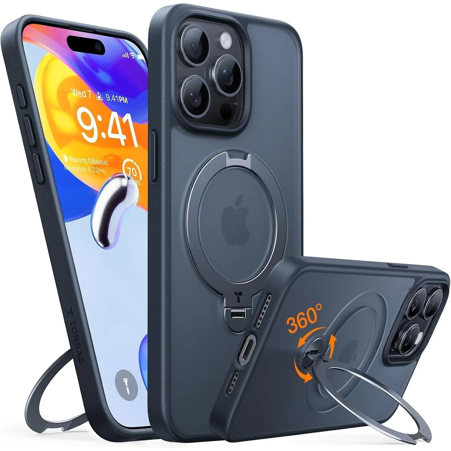 TORRAS Ostand Q3 Spin für iPhone 15 Pro Hülle mit 360° Ständer Schwarz