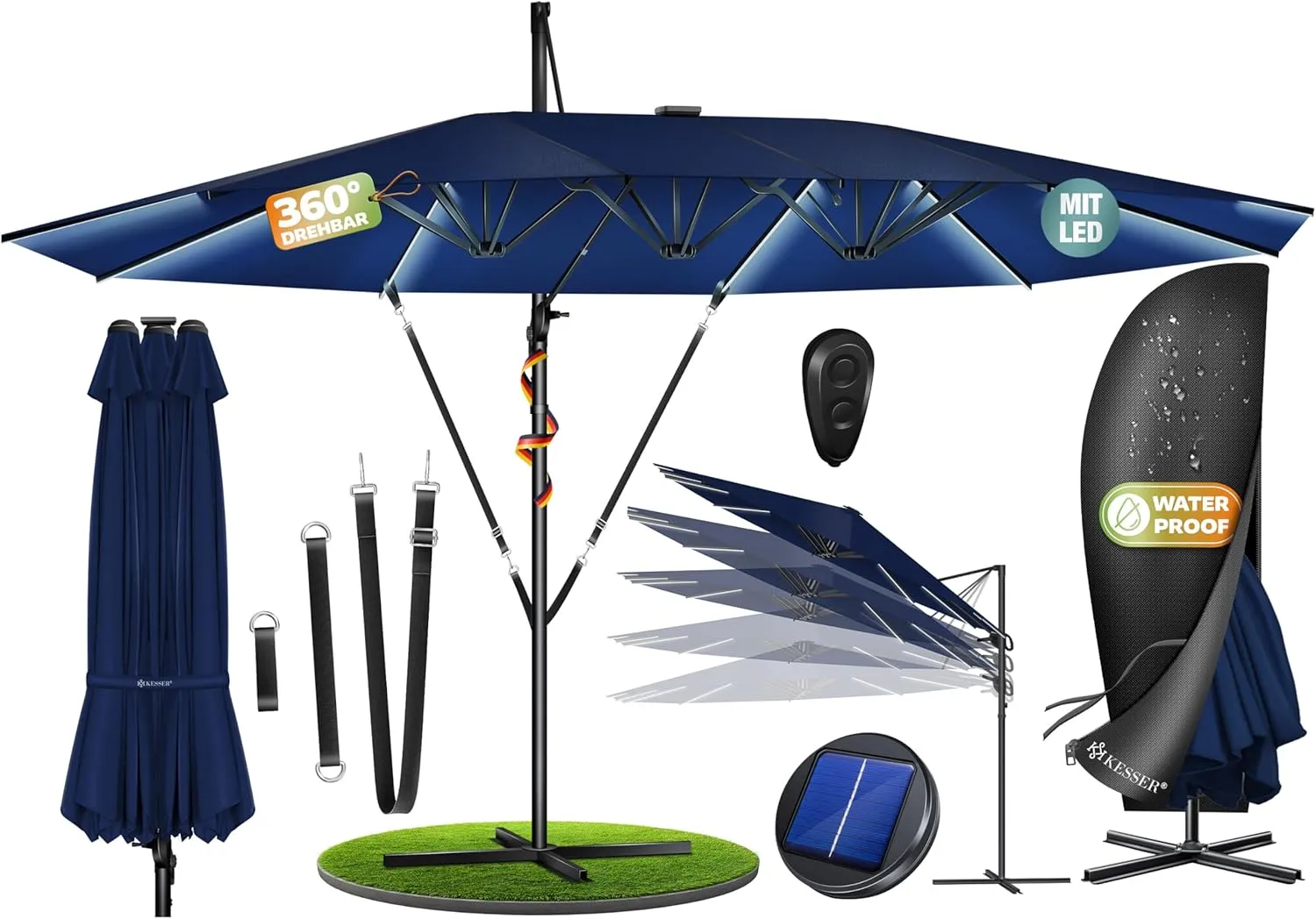 KESSER® Sonnenschirm Doppelsonnenschirm 4,6m x 2,7m | Ampelschirm Abdeckung & Windsicherung mit Kurbel & Ständer | Kurb…