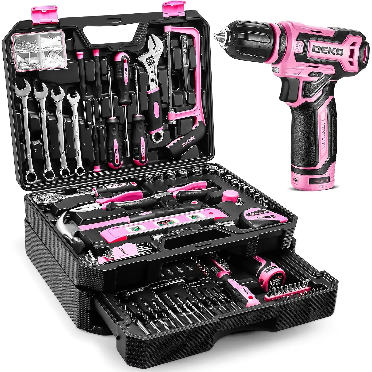 DEKO Werkzeugkoffer Gefüllt: 238-tlg. Set mit 12-V-Akku-Bohrschrauber, Rosa