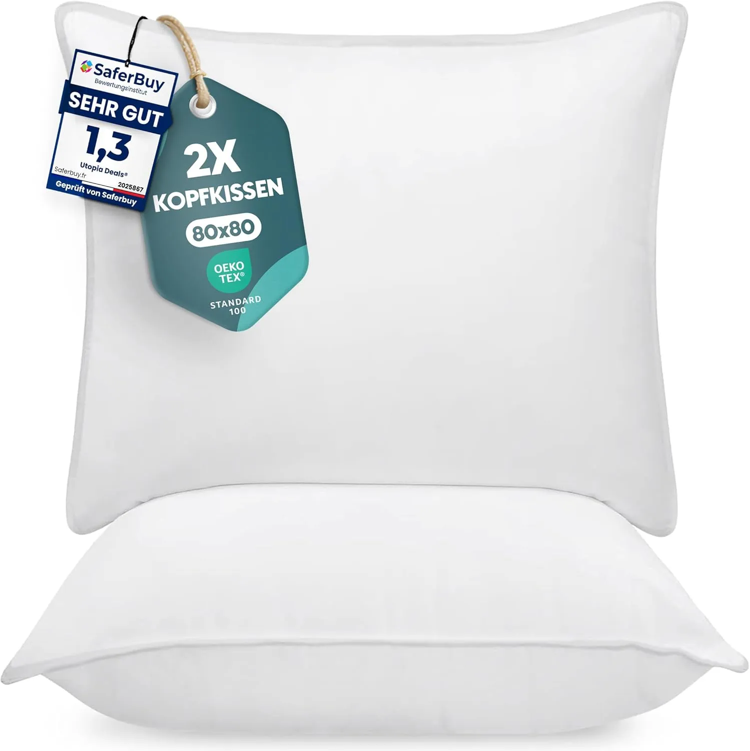Utopia Bedding KopfKissen (2er Set), 80 x 80 cm Schlafkissen, Atmungsaktiv et Weich Kissen (Weiß)