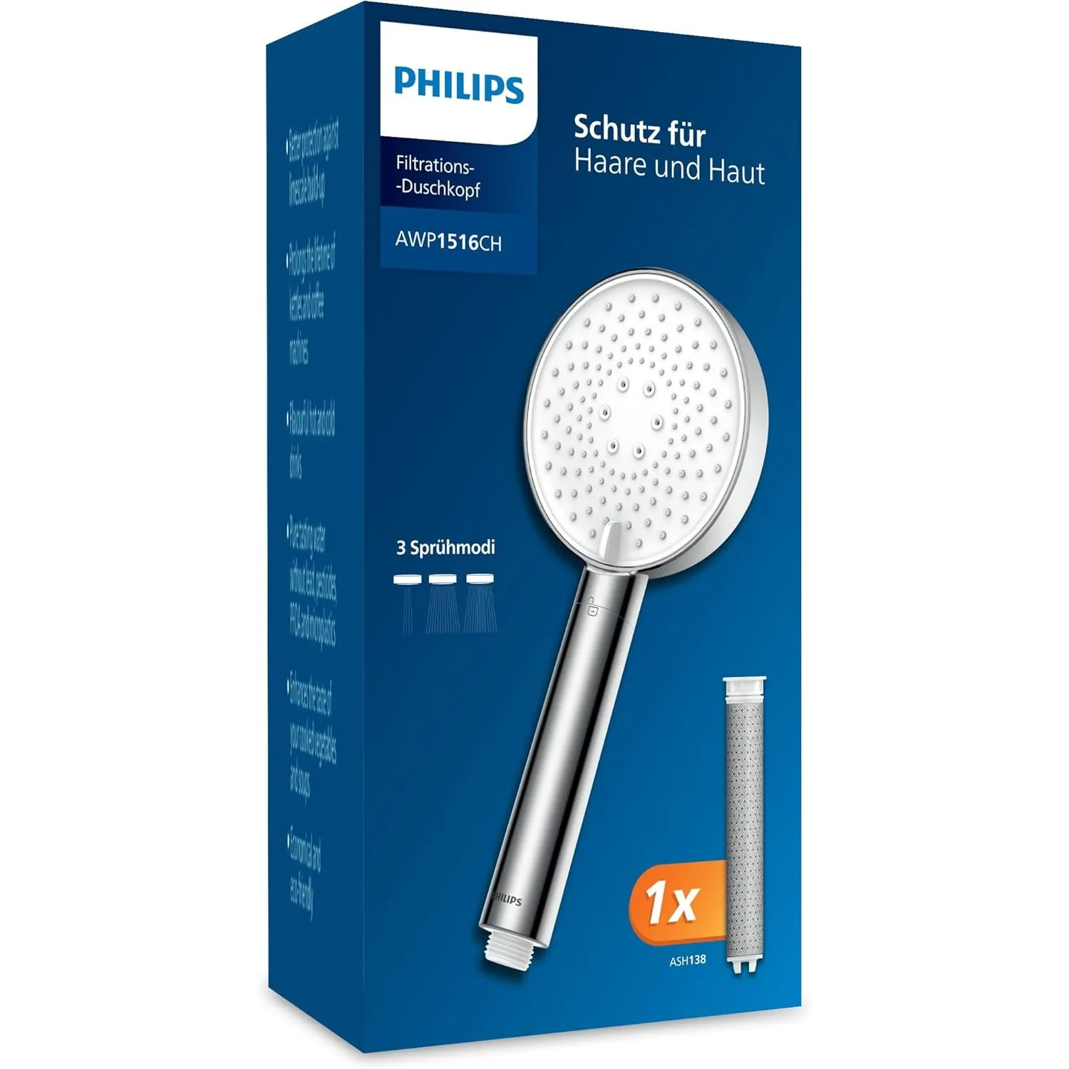 Philips Water Duschkopf mit Filter, entfernt effektiv Chlor und andere große Partikel, drei Sprühmodi, druckverstärkend…