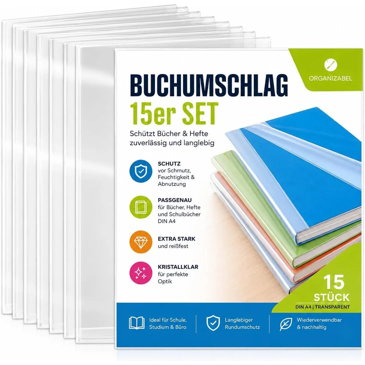 15x Buchumschlag DIN A4 transparent - Buchhülle & Umschlag durchsichtig & klar- für Bücher, Hefte, Buchschoner & Hefthü…
