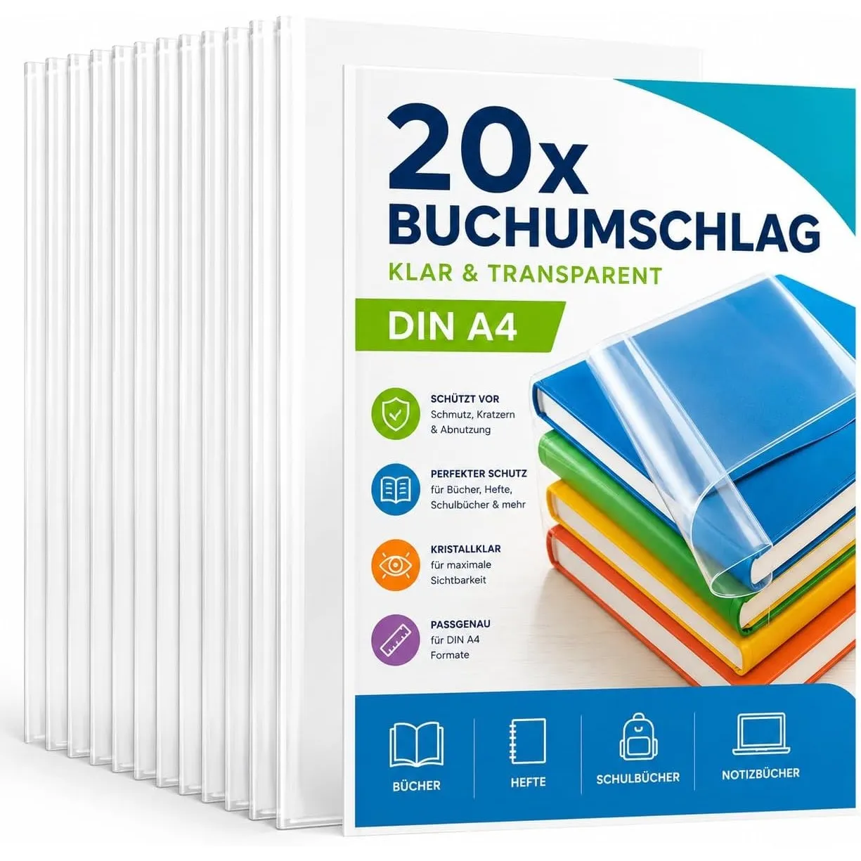20x Buchumschlag klar & transparent Umschlag & Hefthülle Buchschoner - DIN A4 – ideal für den Schutz von Büchern, Hefte…