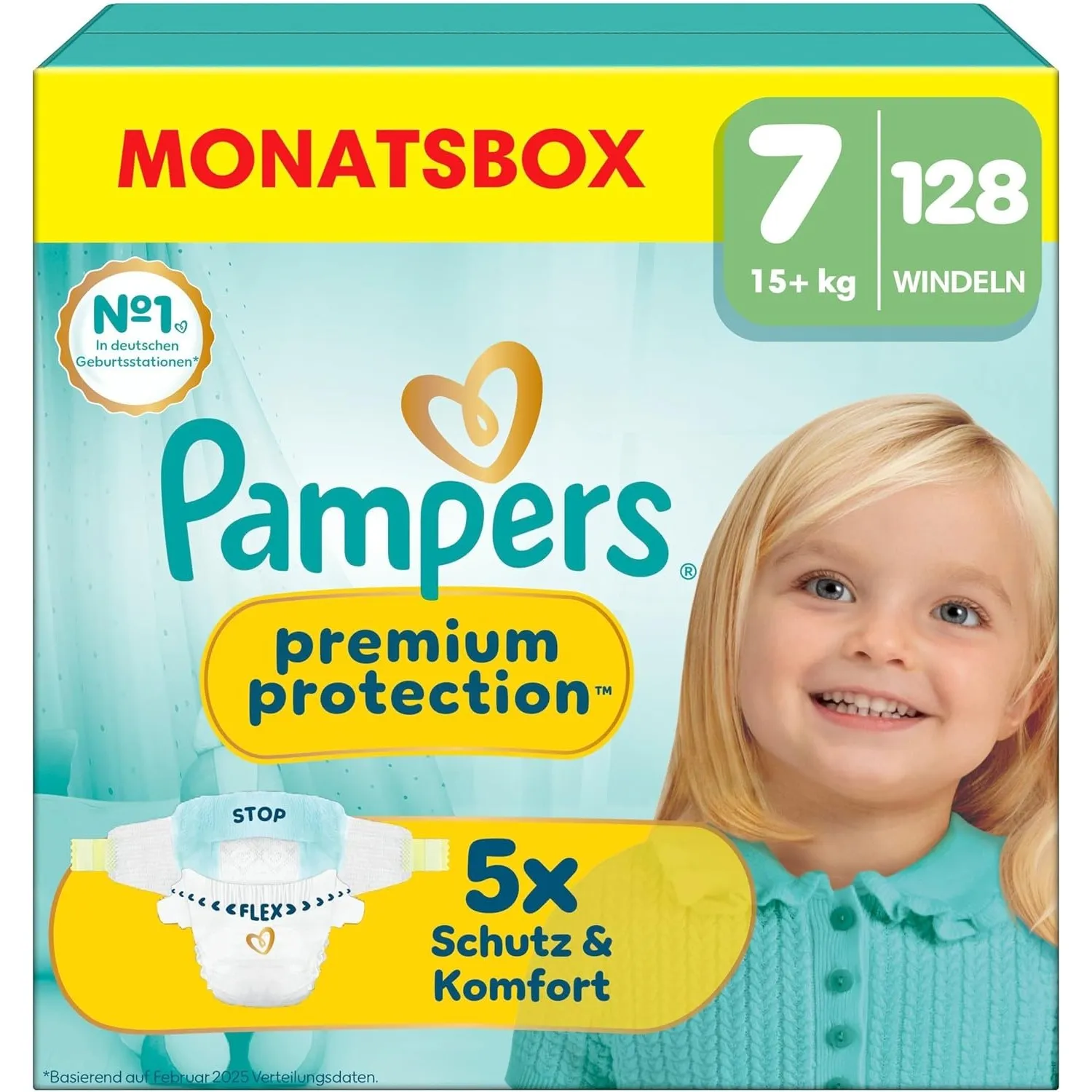 Pampers Premium Protection Größe 7, 128 Windeln, 15kg+, unser Nr. 1 Haut- und Auslaufschutz