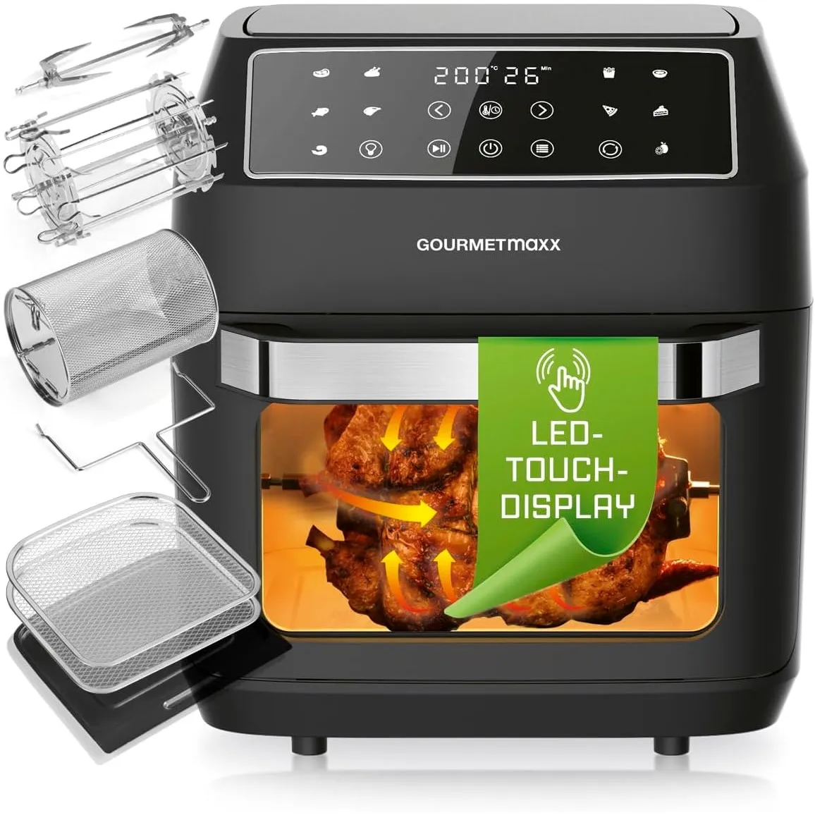 GOURMETmaxx Heißluftfritteuse 12 L Airfryer | Fritteuse mit 9 Funktionen, Touchdisplay, Dreh- & Schaschlikspießen | 10 …