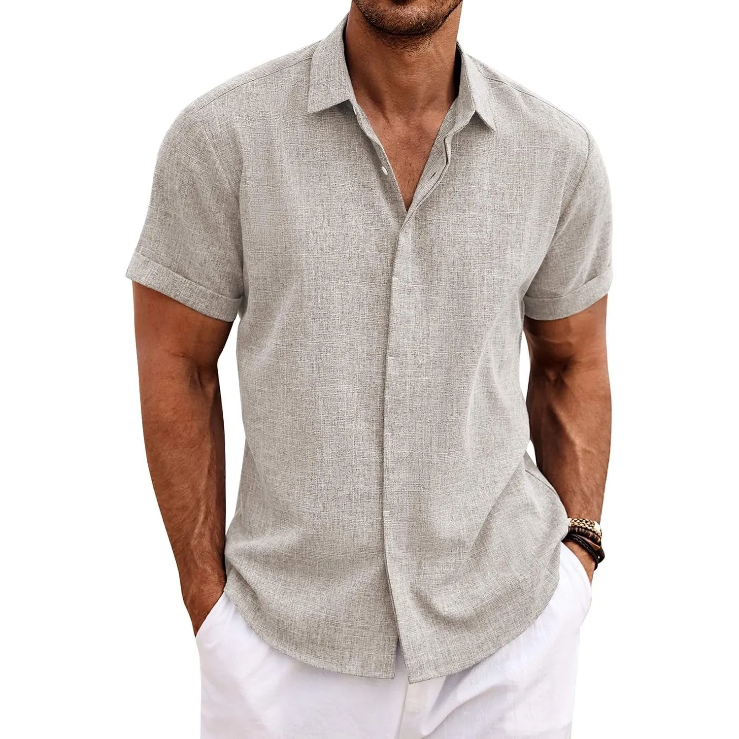 COOFANDY Leinenhemd Herren Kurzarm Hemd Button Down Regular Fit Freizeithemden Sommer Strand Leinen Shirt