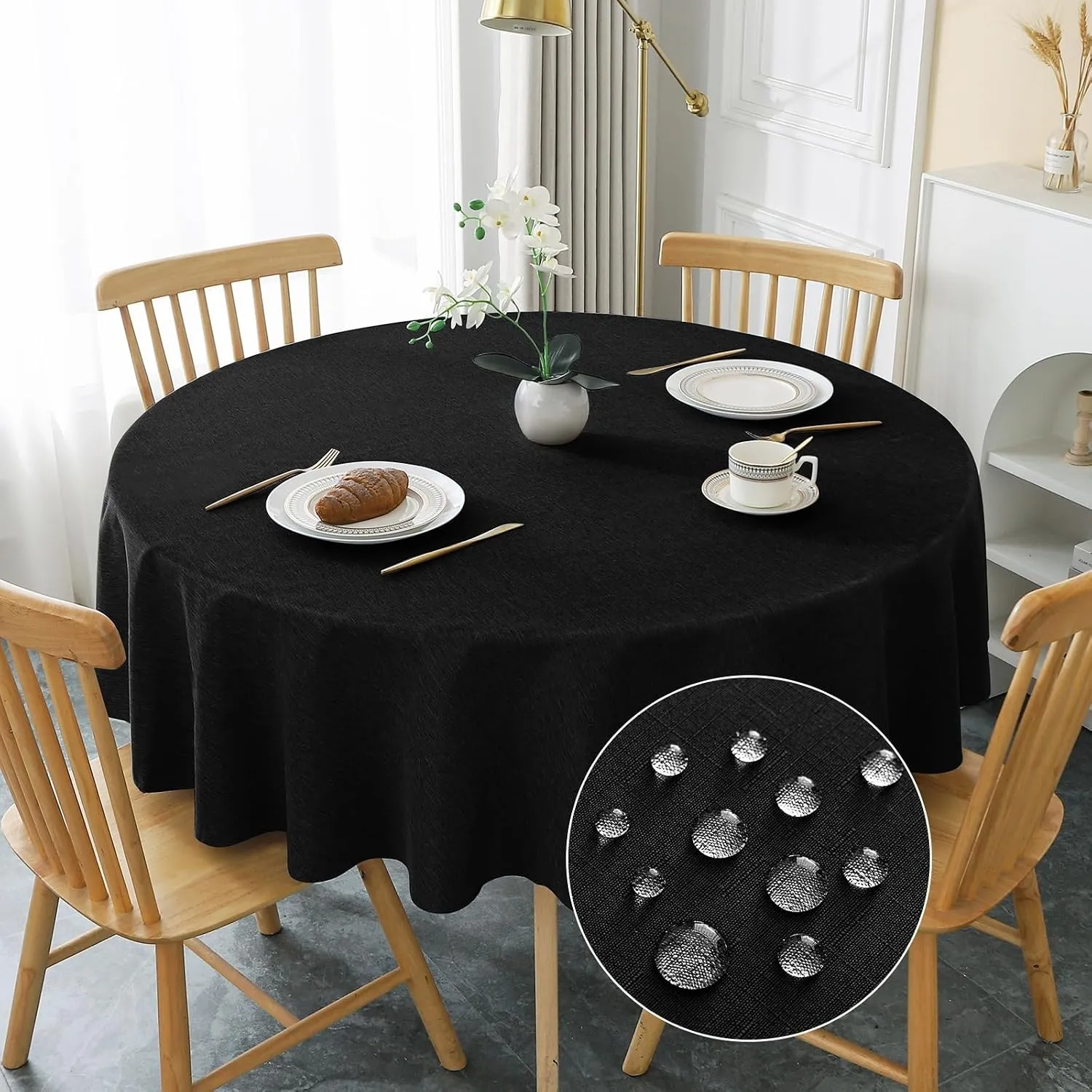 AooHome Tischdecke Rund Φ180cm, Schwarz Leinen-Optik Tischdecken Abwaschbar Tischtuch aus Polyester Wasserabweisend mit…
