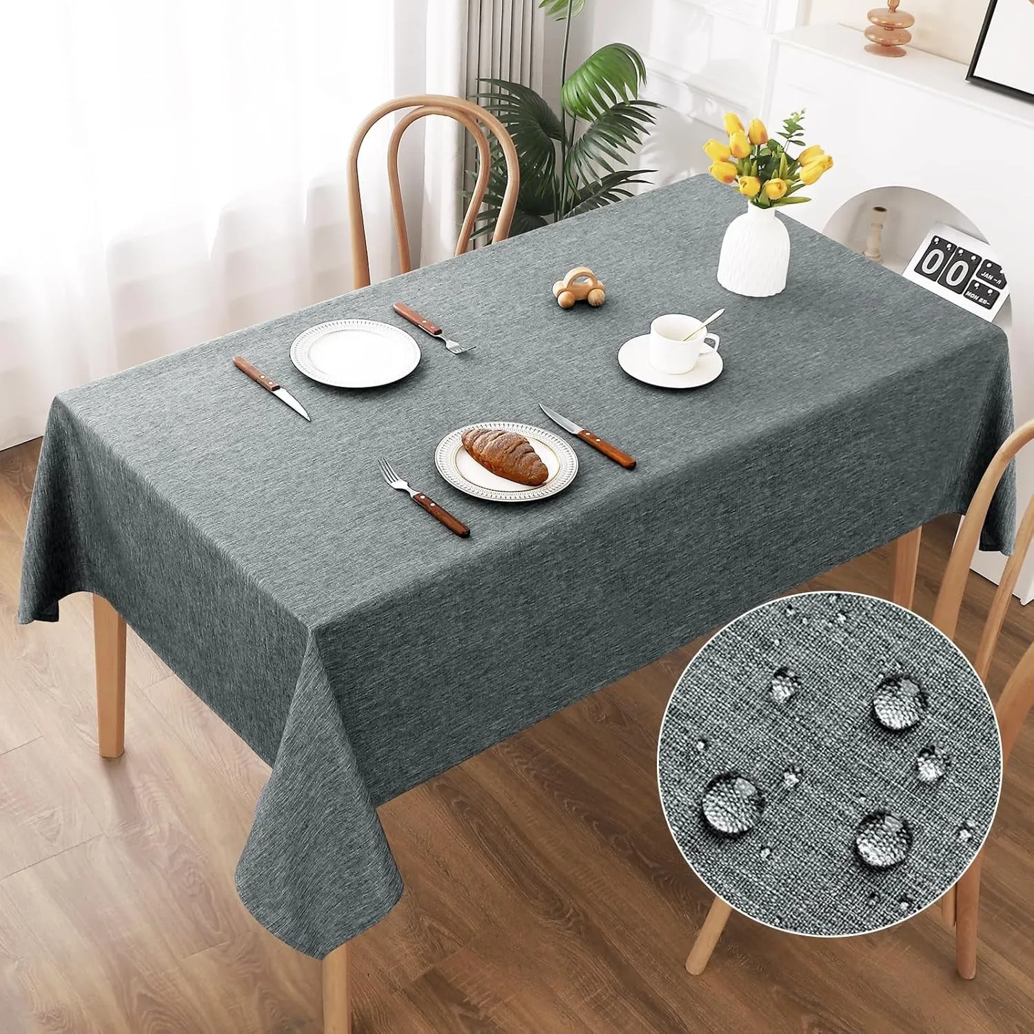 AooHome Tischdecke 140X200cm, Grau Leinen-Optik Tischdecken Abwaschbar Tischtuch aus Polyester Wasserabweisend mit Lotu…