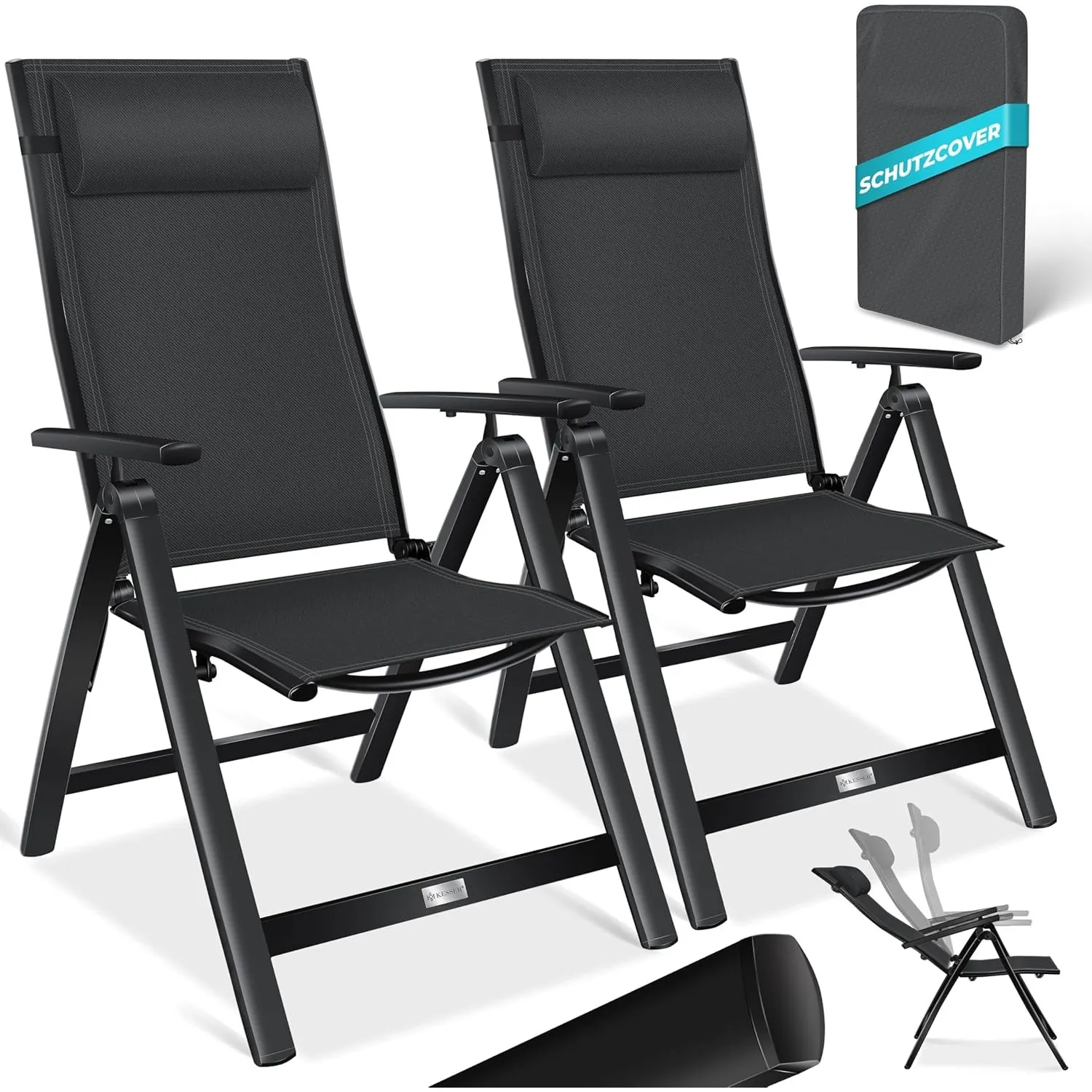 KESSER® Gartenstuhl Hochlehner mit Armlehnen 2er Set Aluminium Klappstuhl mit Kopfkissen & Abdeckung Campingstuhl 7-Fac…