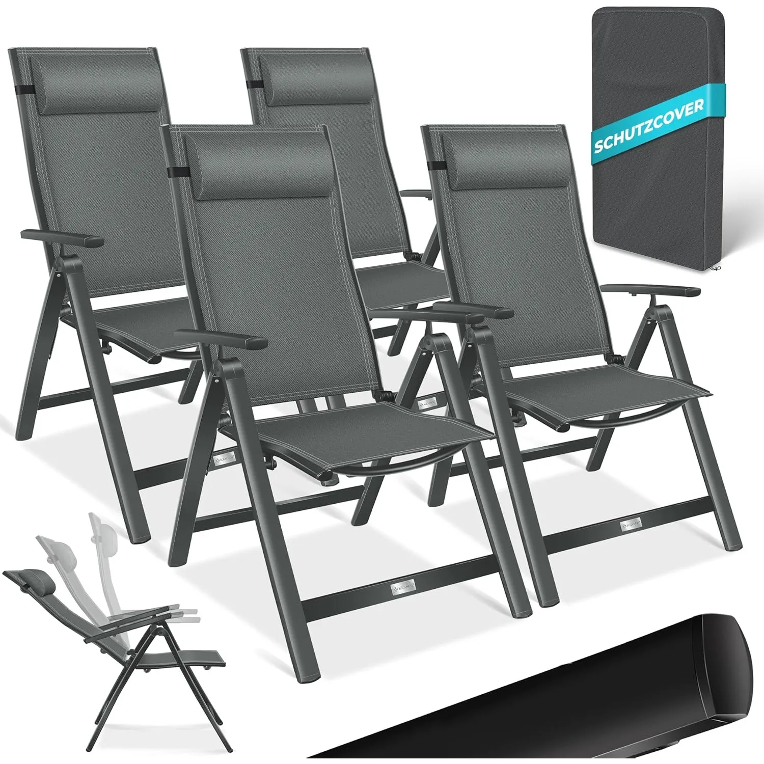 KESSER® Gartenstuhl Hochlehner mit Armlehnen 4er Set Aluminium Klappstuhl mit Kopfkissen & Abdeckung Campingstuhl 7-Fac…