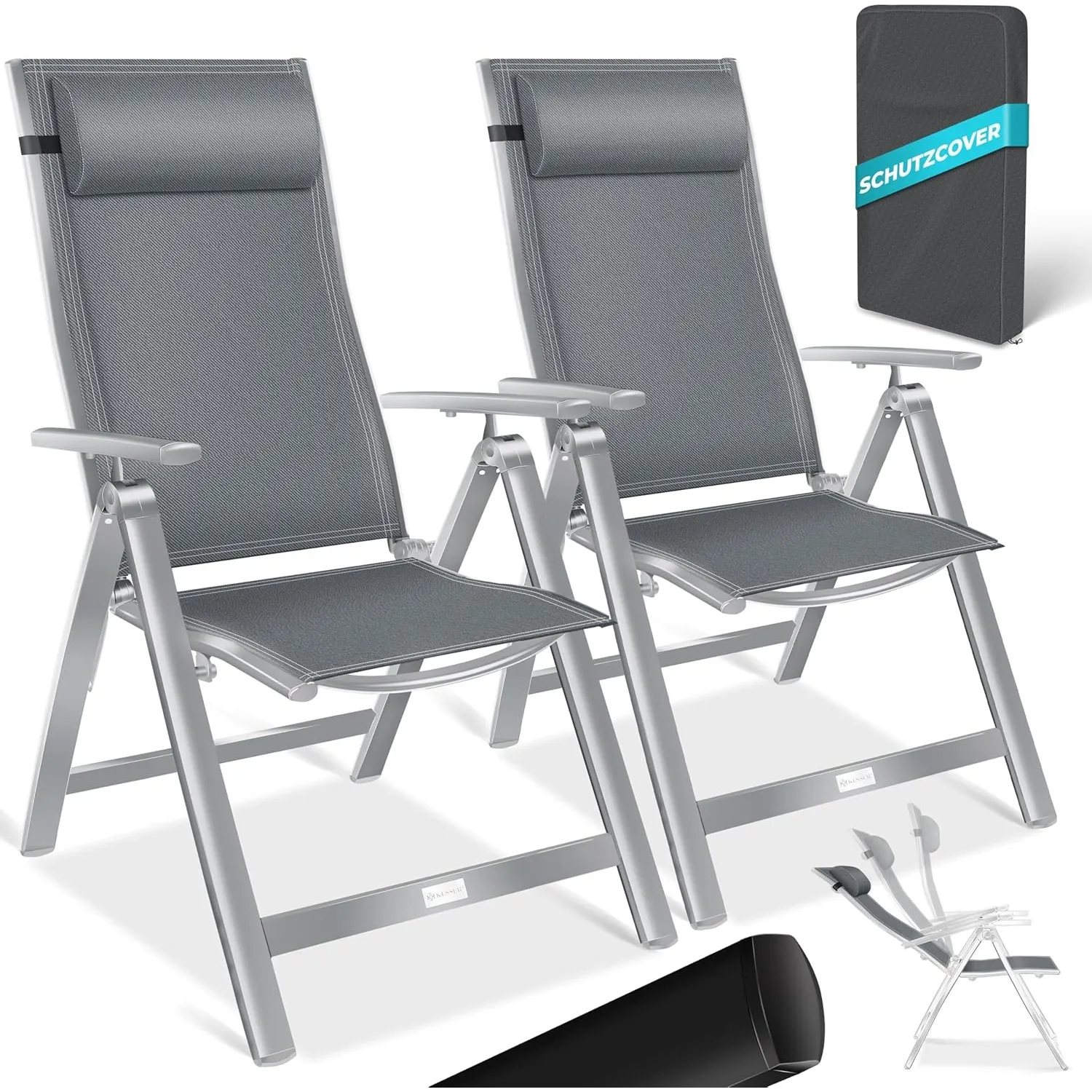 KESSER® Gartenstuhl Hochlehner mit Armlehnen 2er Set Aluminium Klappstuhl mit Kopfkissen & Abdeckung Campingstuhl 7-Fac…