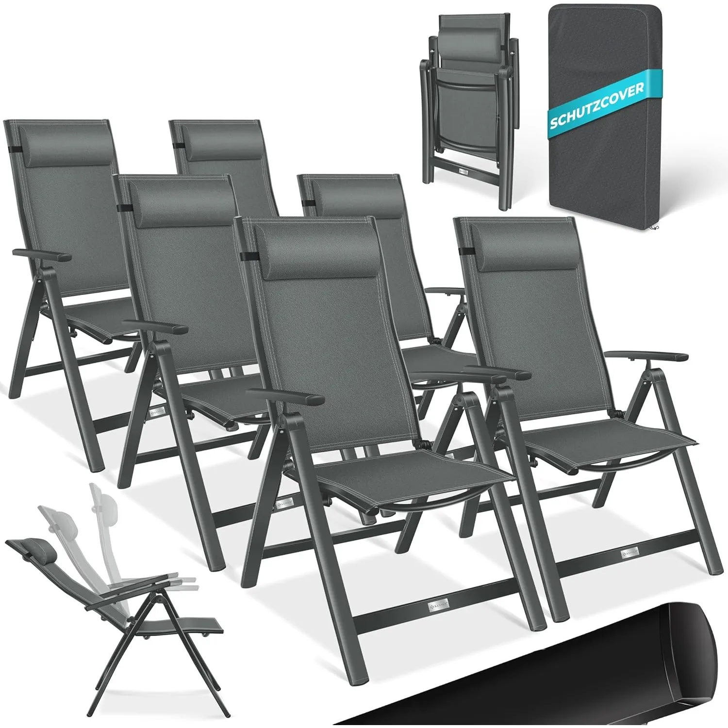 KESSER® Gartenstuhl Hochlehner mit Armlehnen 6er Set Aluminium Klappstuhl mit Kopfkissen & Abdeckung Campingstuhl 7-Fac…