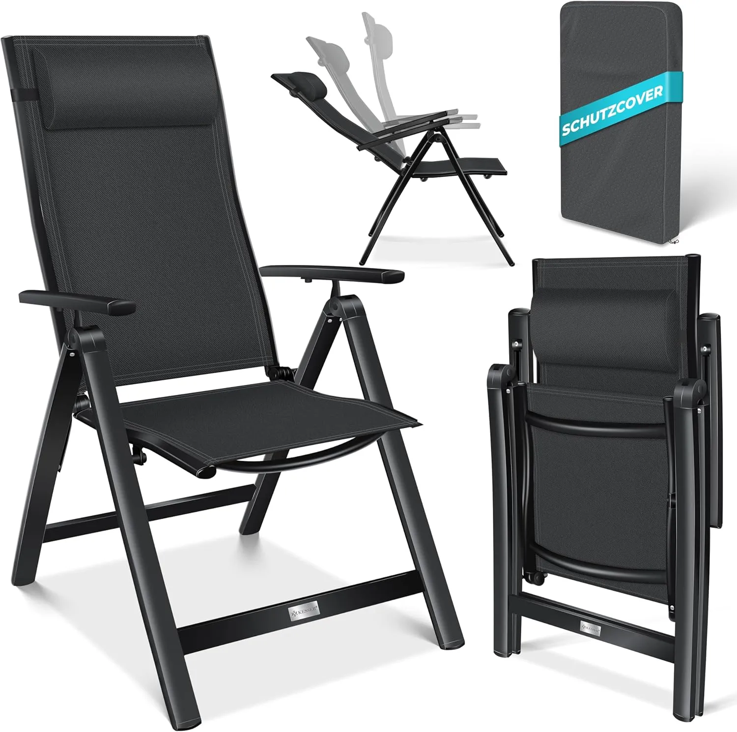 KESSER Garden Chair High-Backed Chair with Armrests Aluminium Folding Chair with Pillow & Cover Camping Chair 7-Way Adj…