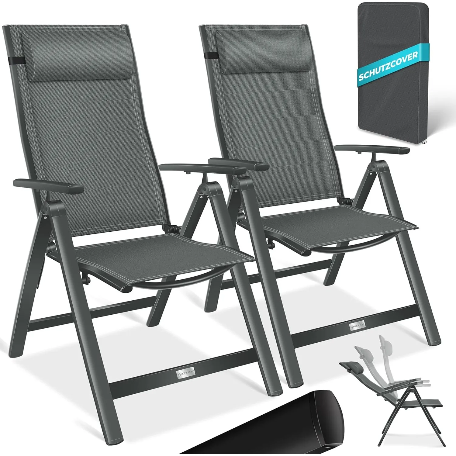 KESSER® Gartenstuhl Hochlehner mit Armlehnen 2er Set Aluminium Klappstuhl mit Kopfkissen & Abdeckung Campingstuhl 7-Fac…