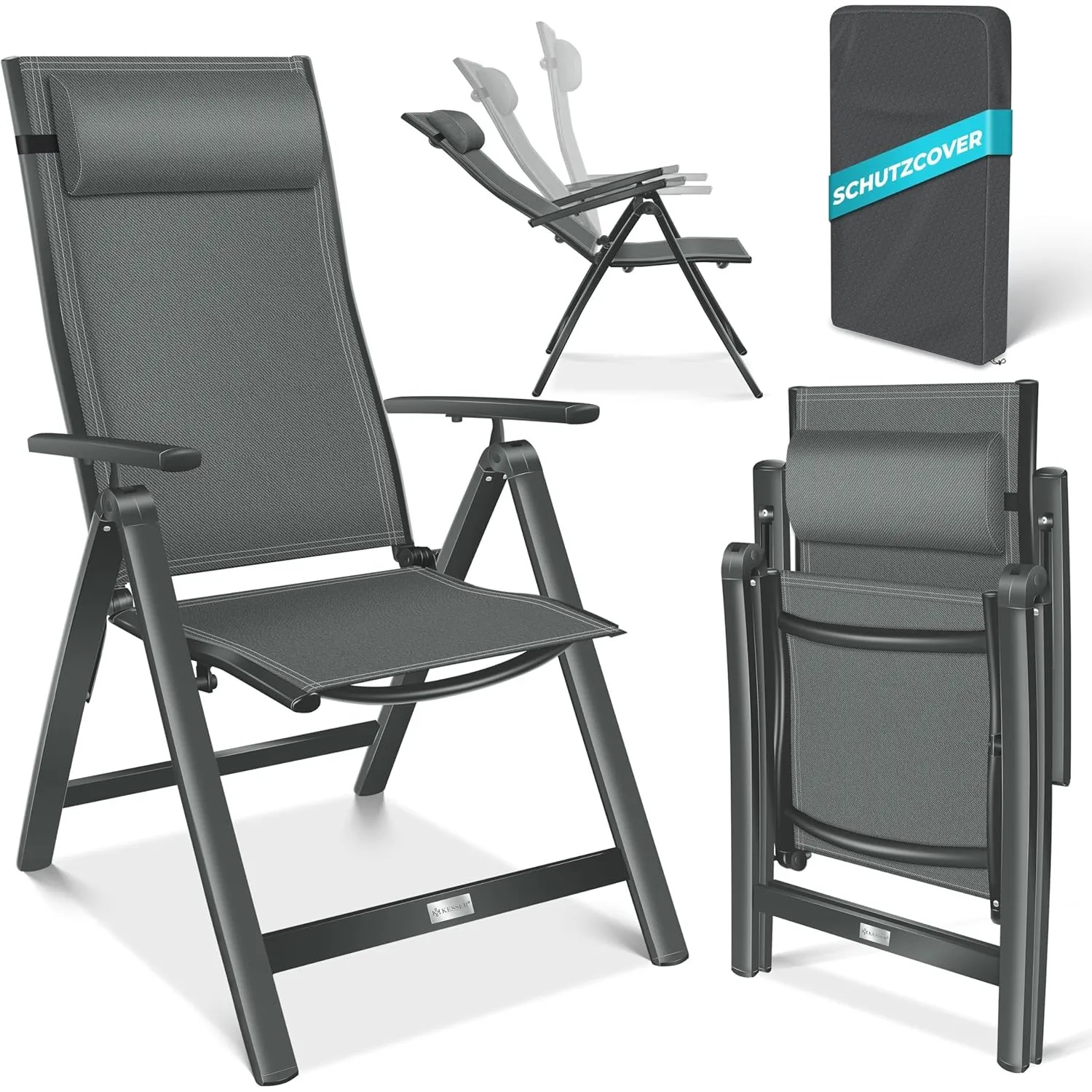 KESSER® Gartenstuhl Hochlehner mit Armlehnen Aluminium Klappstuhl mit Kopfkissen & Abdeckung Campingstuhl 7-Fach Verste…