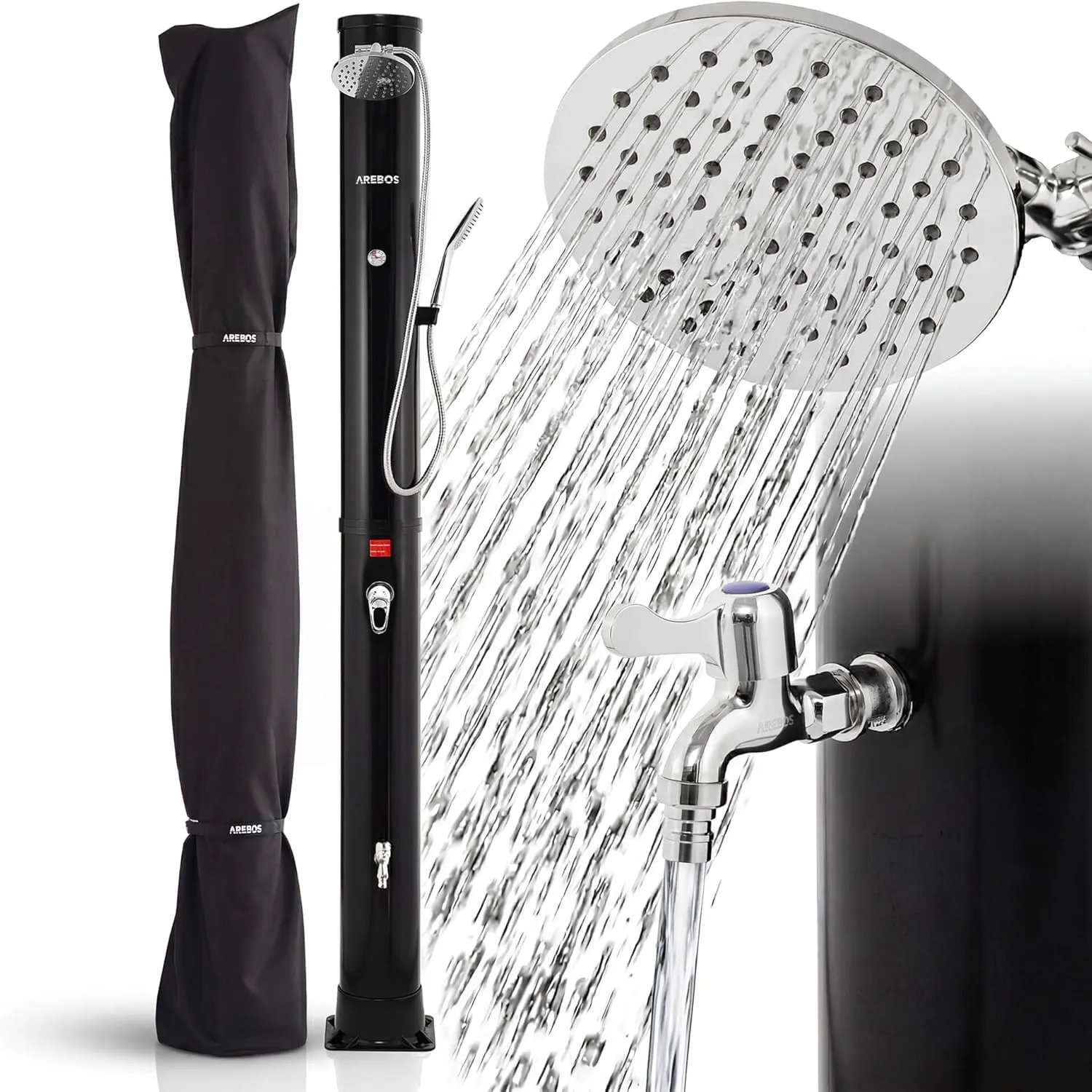 Arebos Solardusche 40 L Schwarz | Pooldusche & Gartendusche mit Thermometer | Regendusche mit Handbrause, Fußdusche & 3…